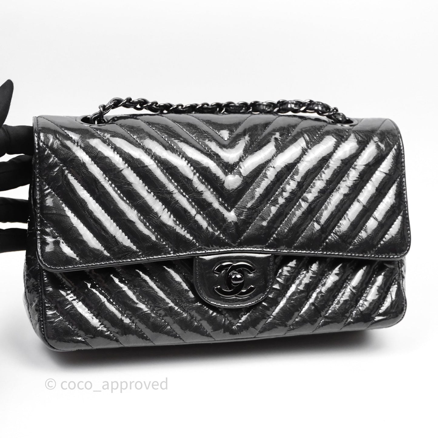 Chanel Classic Chevron M/L Medium Double Flap So Black Patent Calfskin