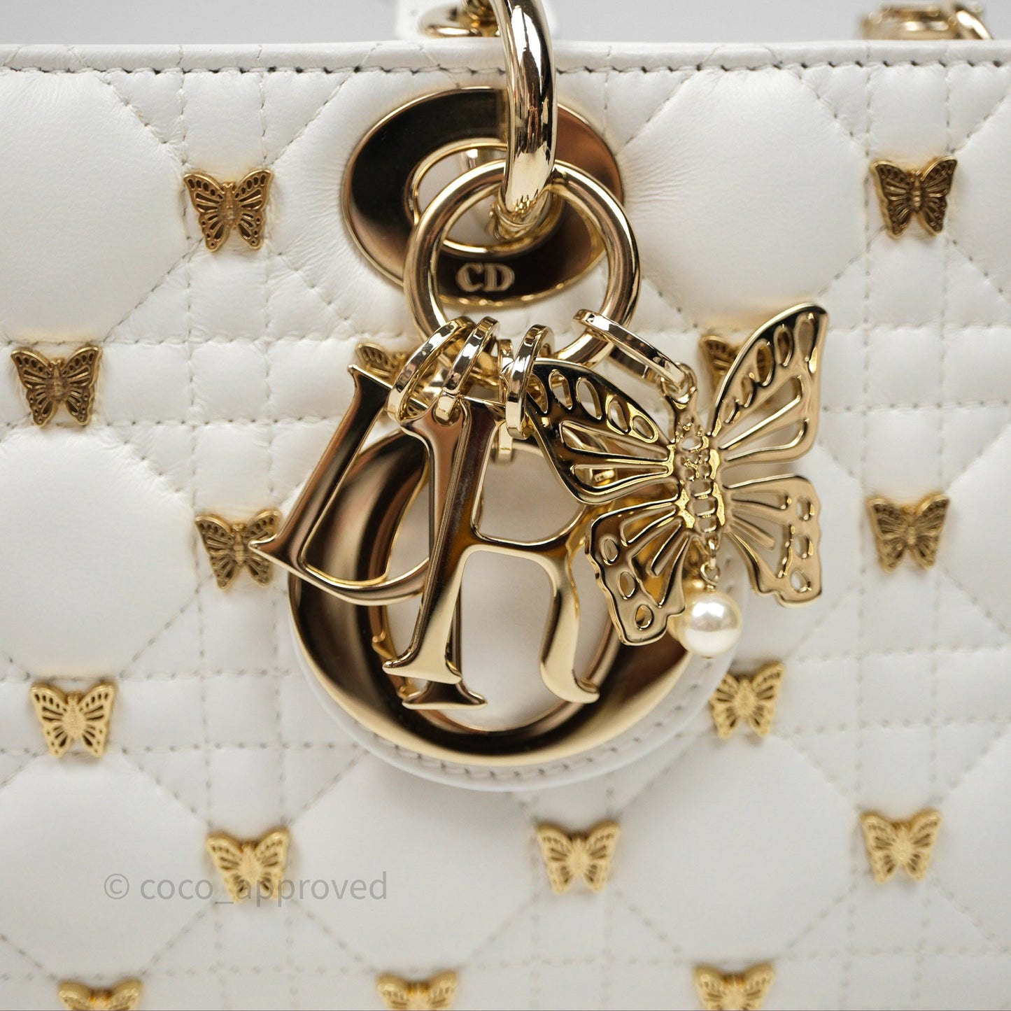 Christian Dior Medium Lady D-Joy Bag Butterfly White Lambskin Cannage Gold Hardware