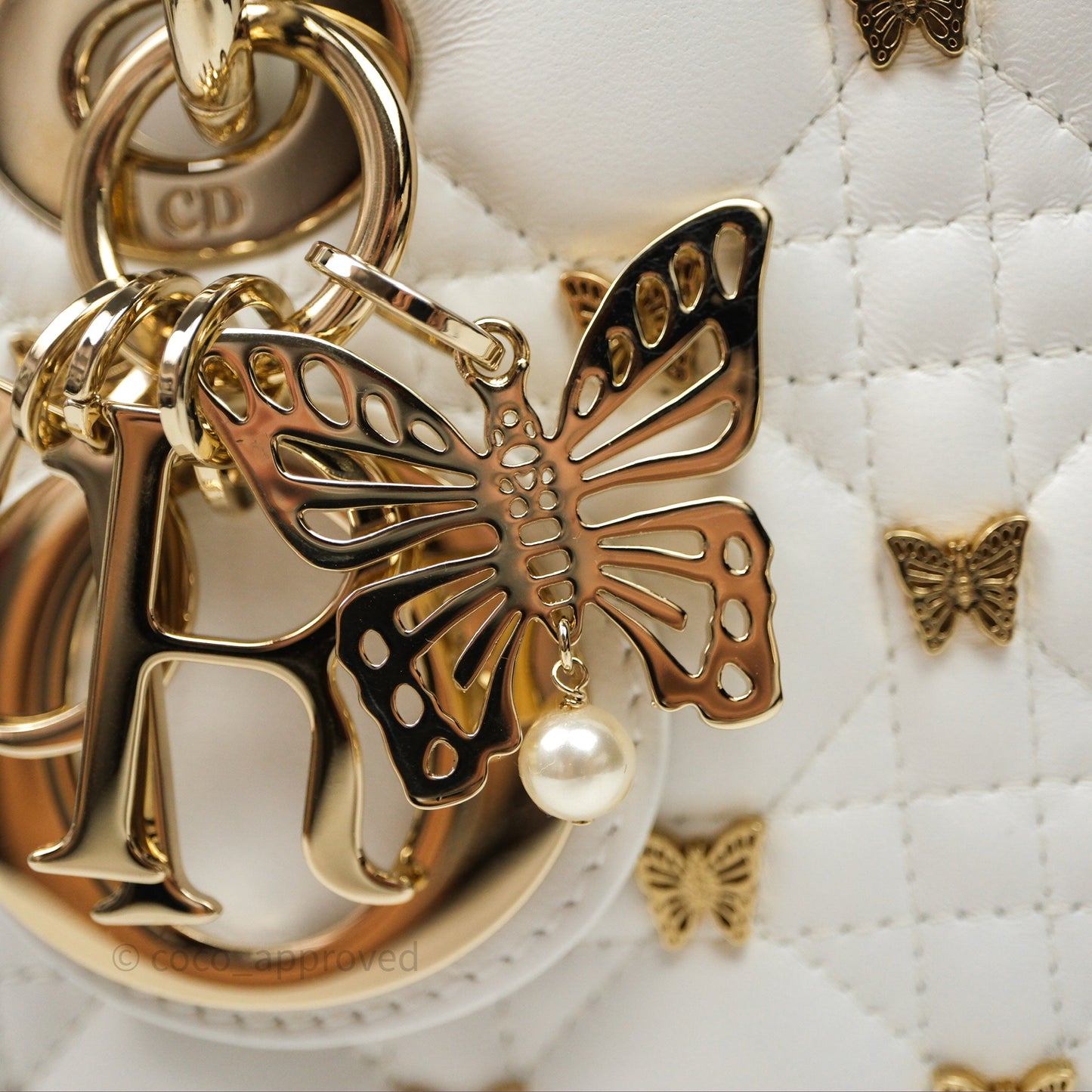 Christian Dior Medium Lady D-Joy Bag Butterfly White Lambskin Cannage Gold Hardware