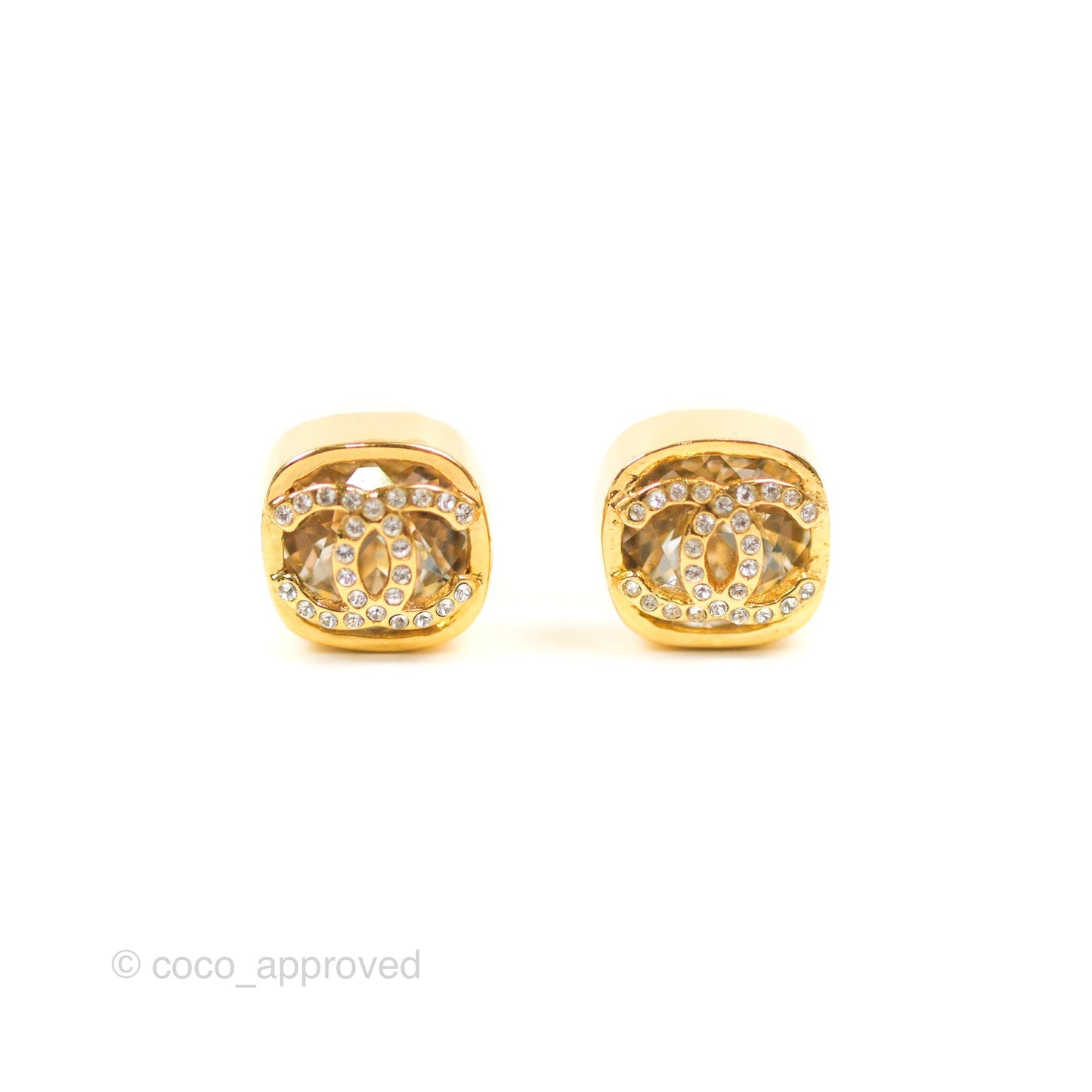 Chanel 21C Square Crystal Earrings Gold Tone