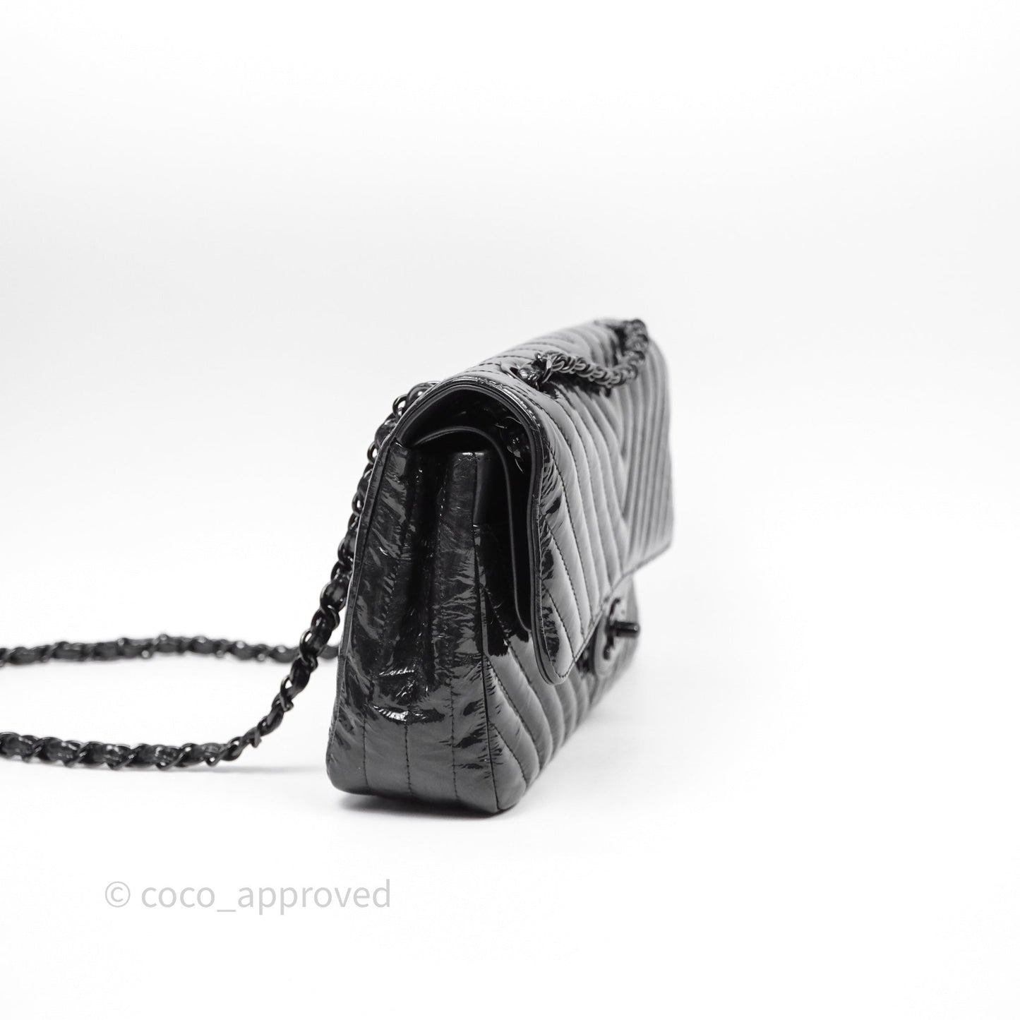 Chanel Classic Chevron M/L Medium Double Flap So Black Patent Calfskin