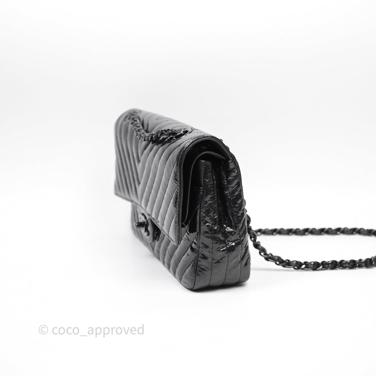 Chanel Classic Chevron M/L Medium Double Flap So Black Patent Calfskin