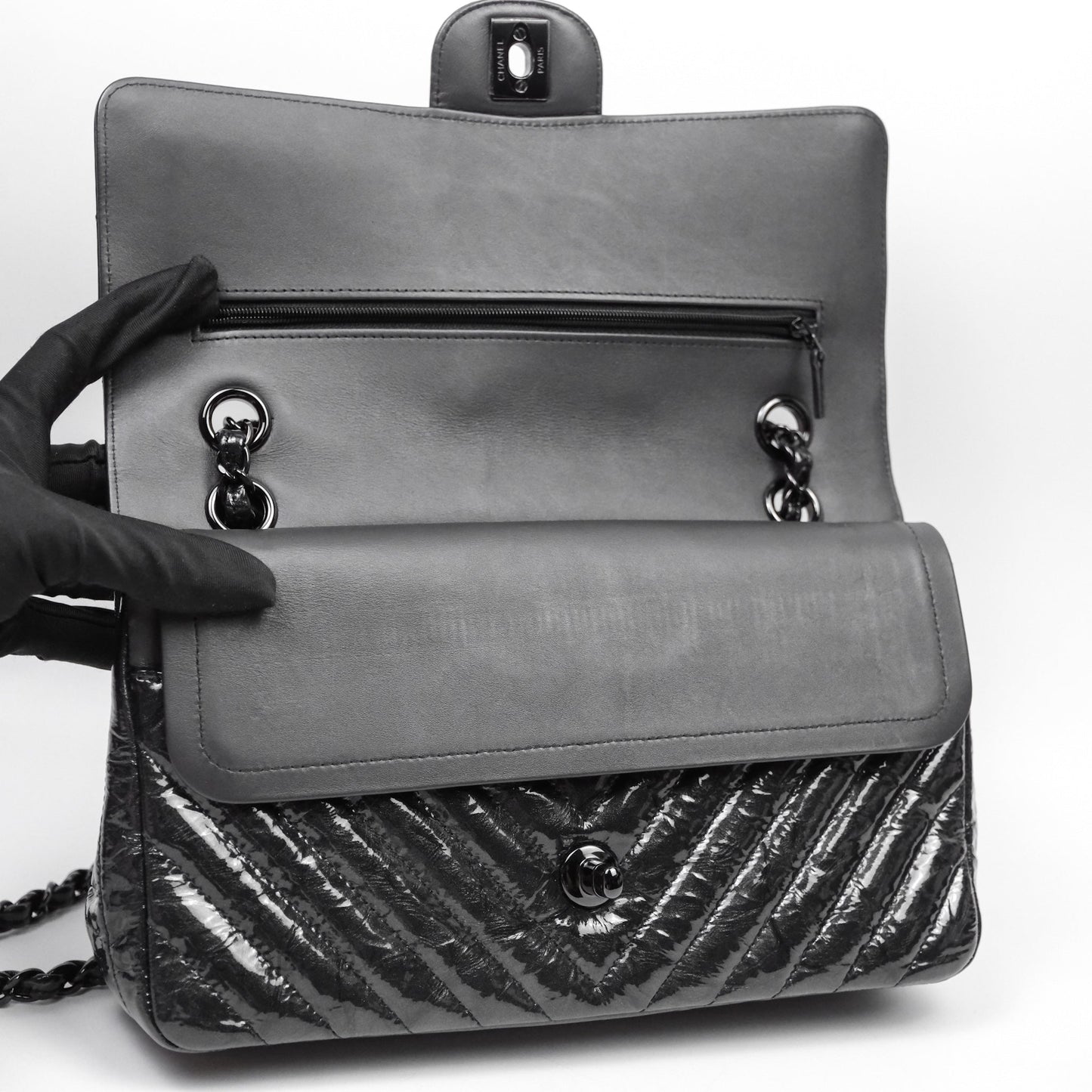 Chanel Classic Chevron M/L Medium Double Flap So Black Patent Calfskin