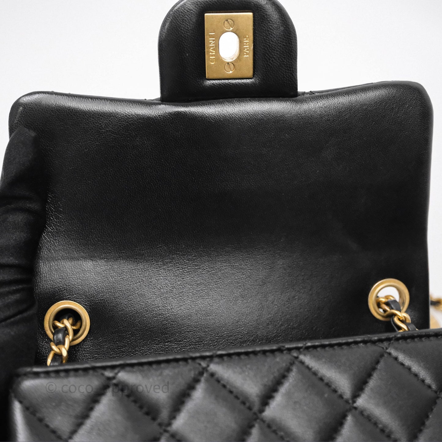 Chanel Pearl Crush Mini Square Quilted Black Lambskin Aged Gold Hardware