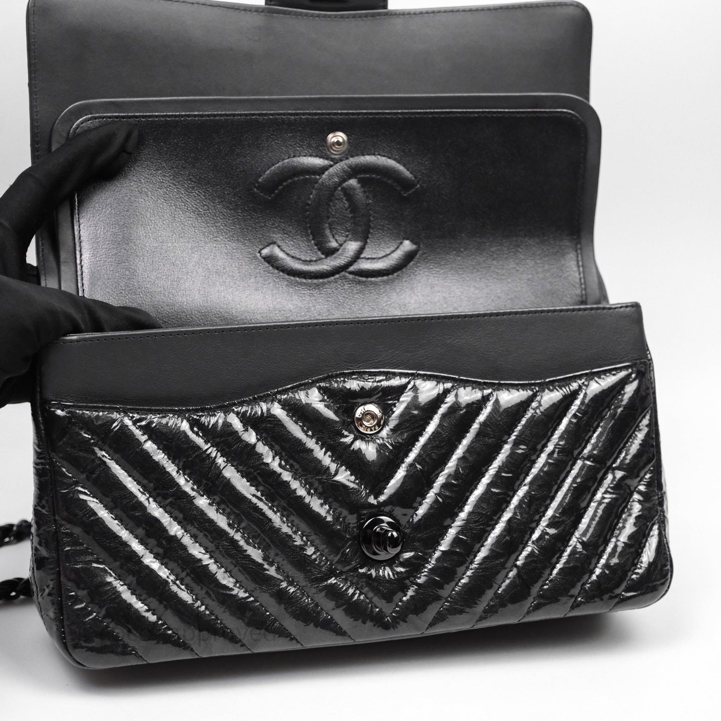 Chanel Classic Chevron M/L Medium Double Flap So Black Patent Calfskin