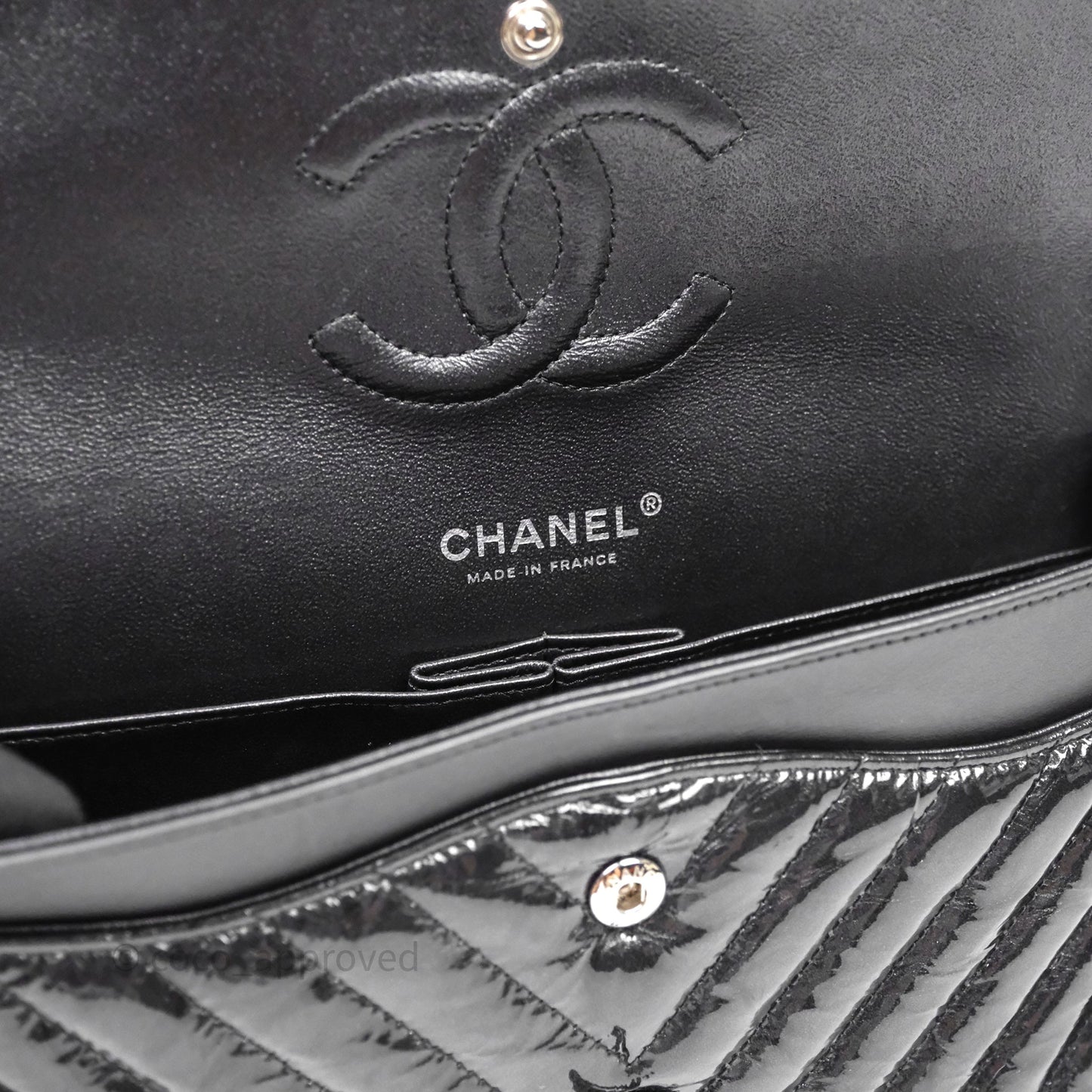 Chanel Classic Chevron M/L Medium Double Flap So Black Patent Calfskin