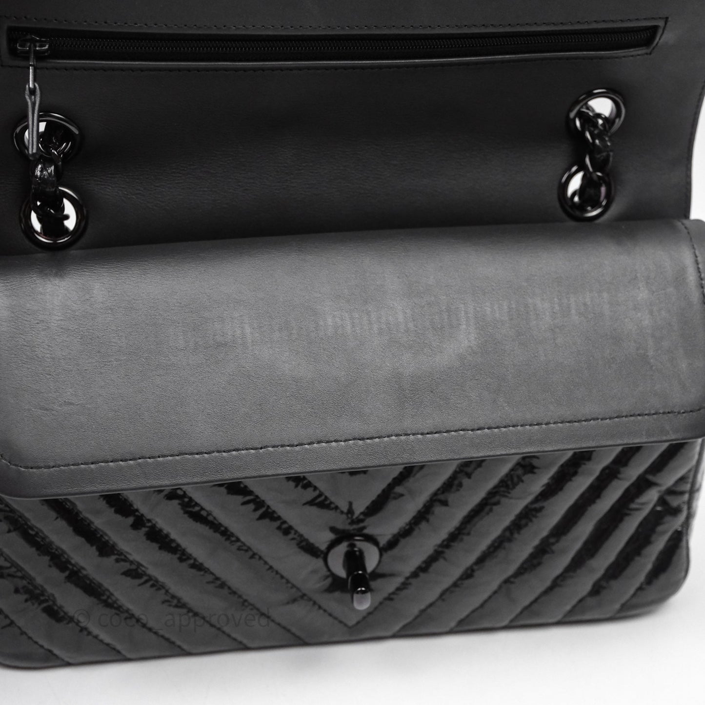 Chanel Classic Chevron M/L Medium Double Flap So Black Patent Calfskin