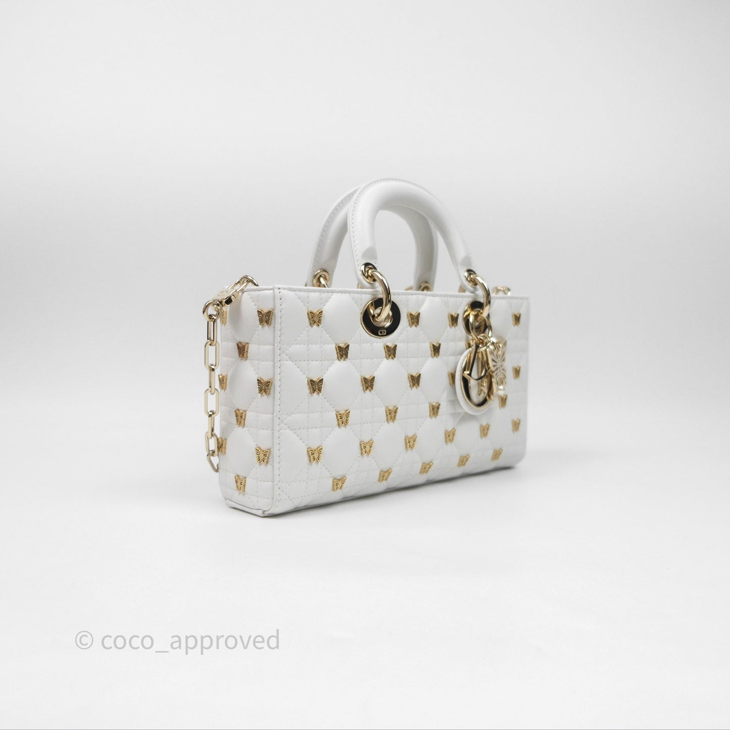 Christian Dior Medium Lady D-Joy Bag Butterfly White Lambskin Cannage Gold Hardware