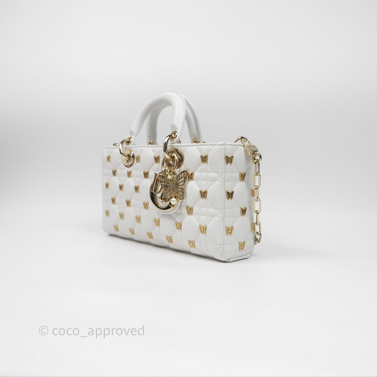 Christian Dior Medium Lady D-Joy Bag Butterfly White Lambskin Cannage Gold Hardware