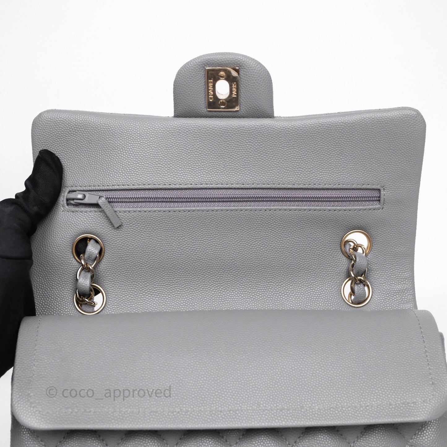 Chanel Small Classic Flap Quilted Grey Caviar Gold Hardware 20C