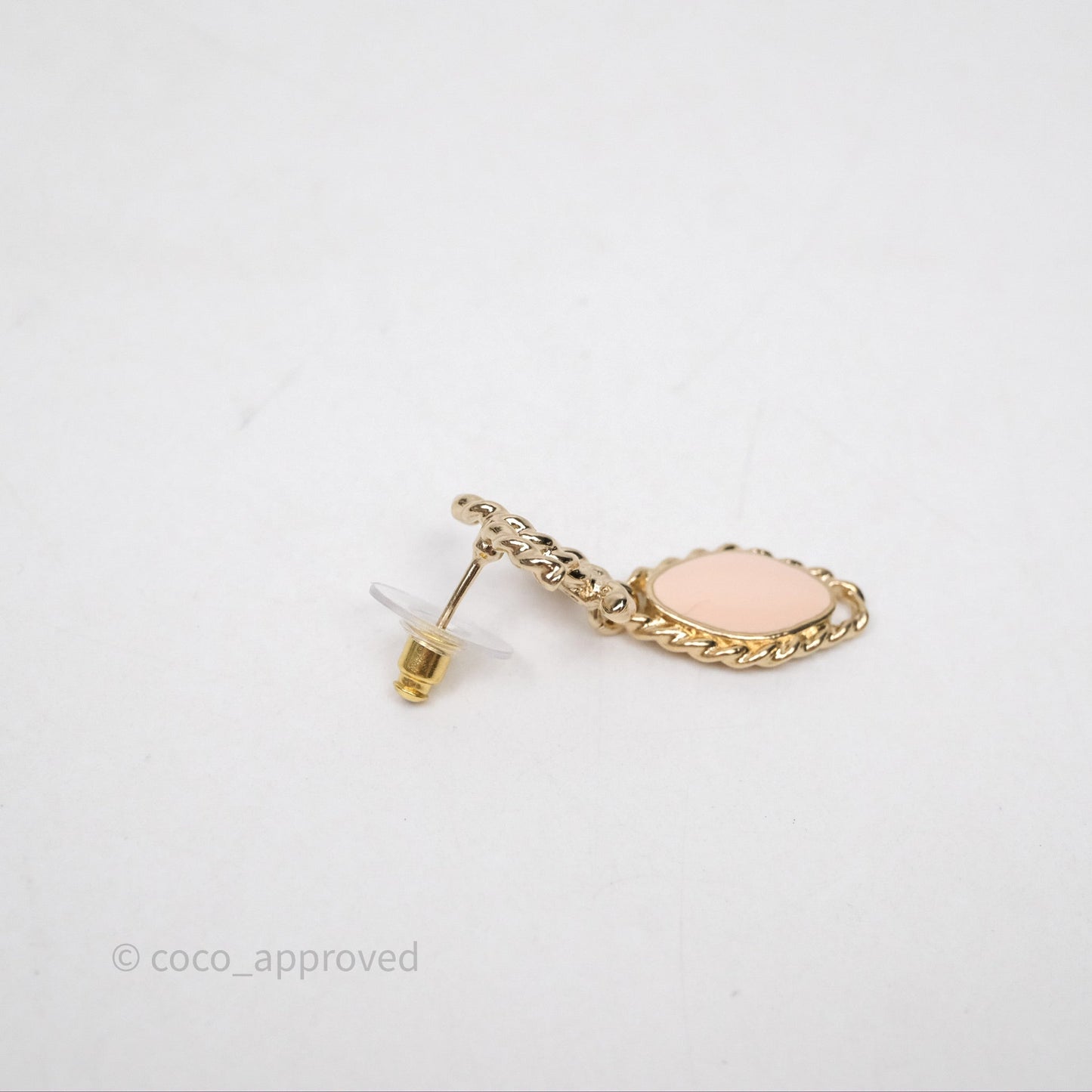 Chanel CC Drop Beige Pink Enamel Earrings Gold Tone 24P
