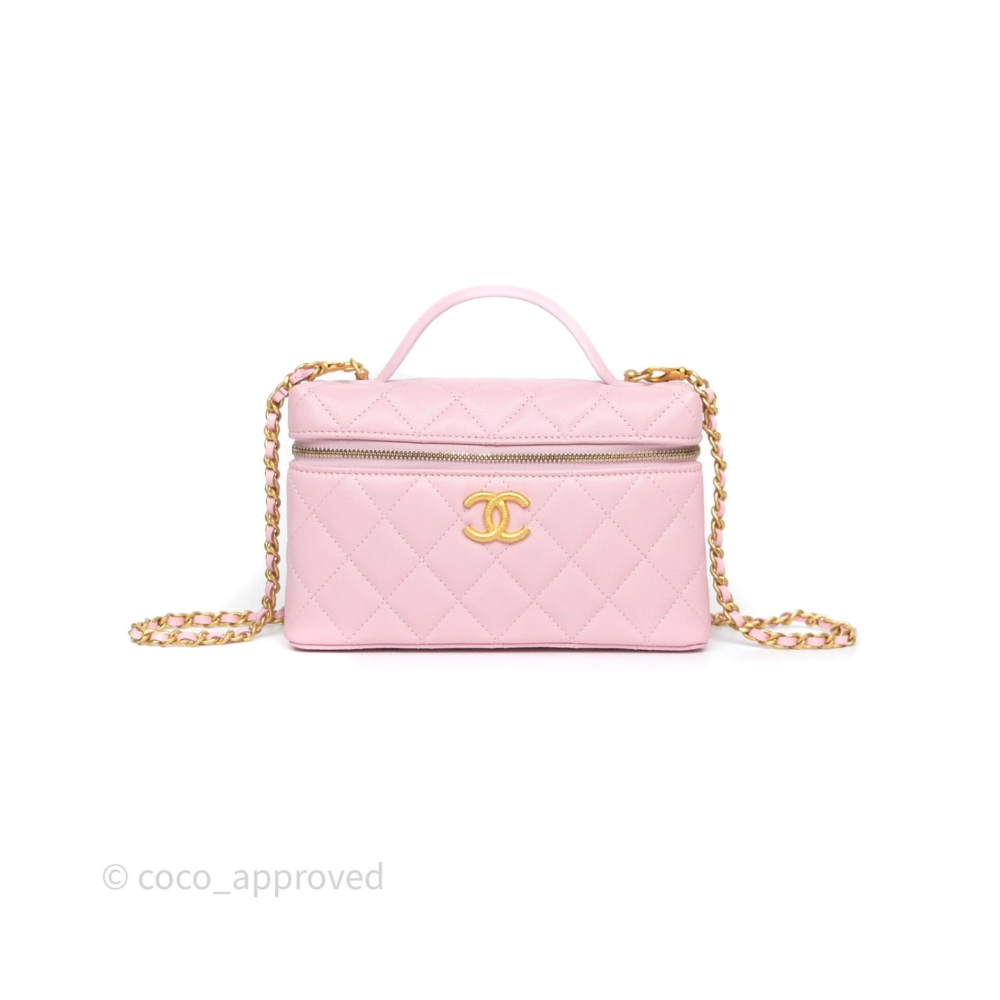 Chanel Top Handle Long Vanity with Chain Pink Caviar Aged Gold Hardware