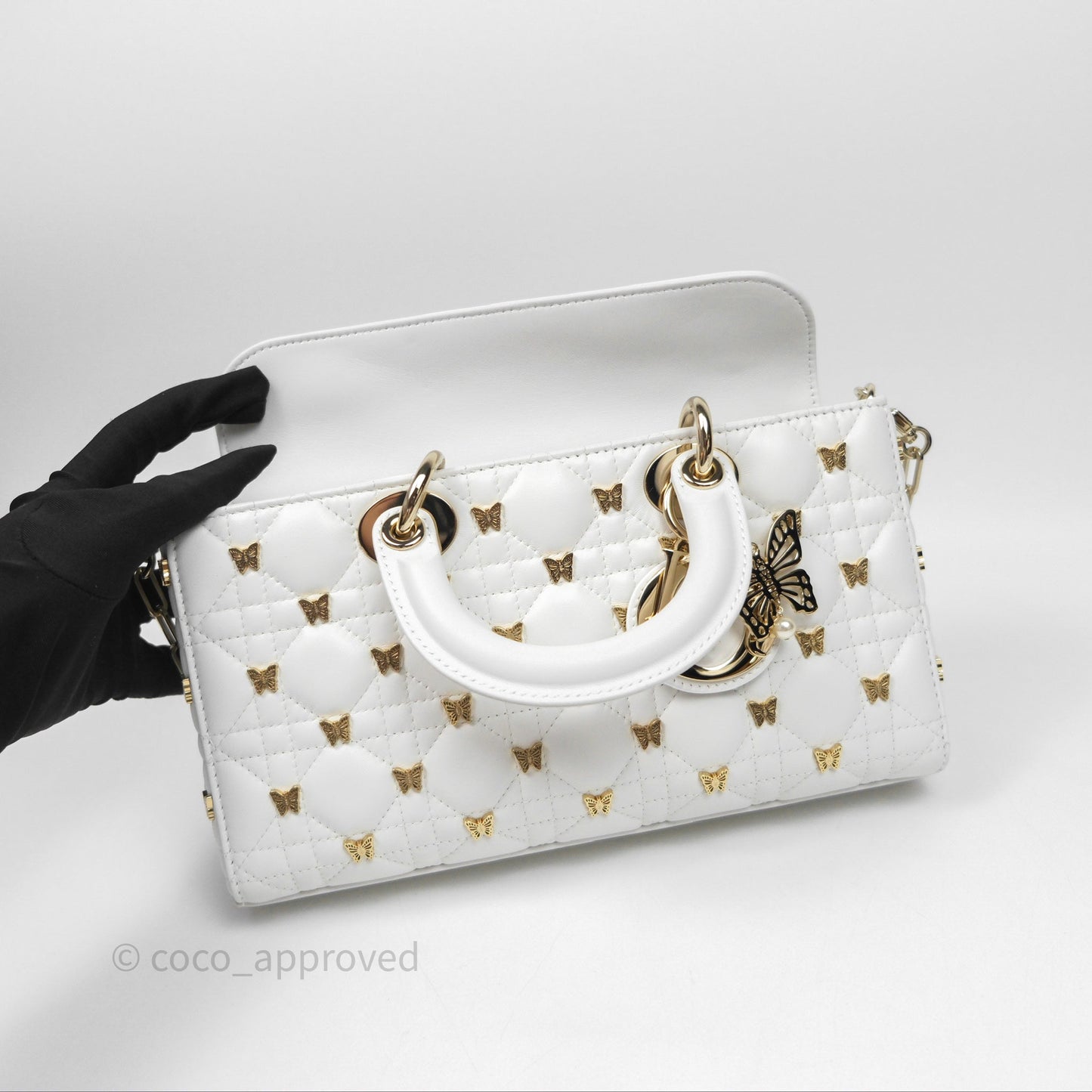 Christian Dior Medium Lady D-Joy Bag Butterfly White Lambskin Cannage Gold Hardware