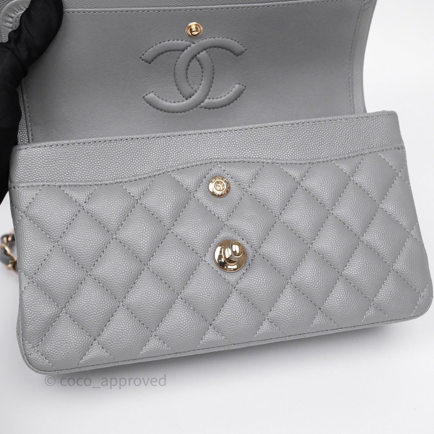 Chanel Small Classic Flap Quilted Grey Caviar Gold Hardware 20C