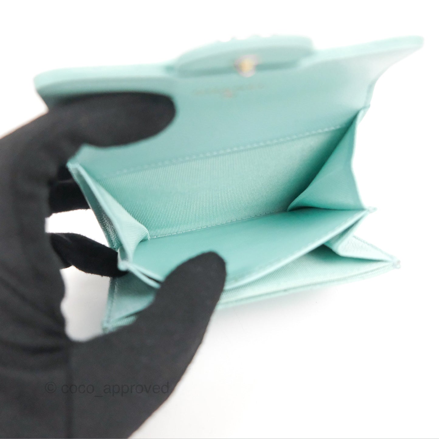 Chanel Classic Flap Coin Purse Tiffany Blue Caviar Silver Hardware