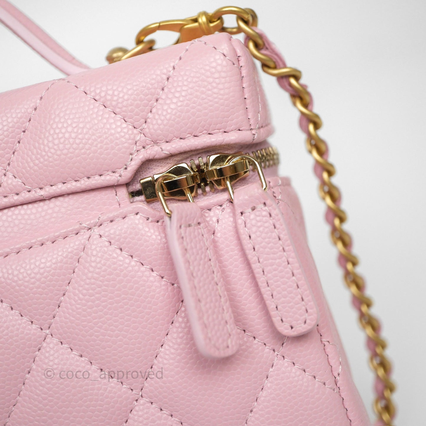 Chanel Top Handle Long Vanity with Chain Pink Caviar Aged Gold Hardware