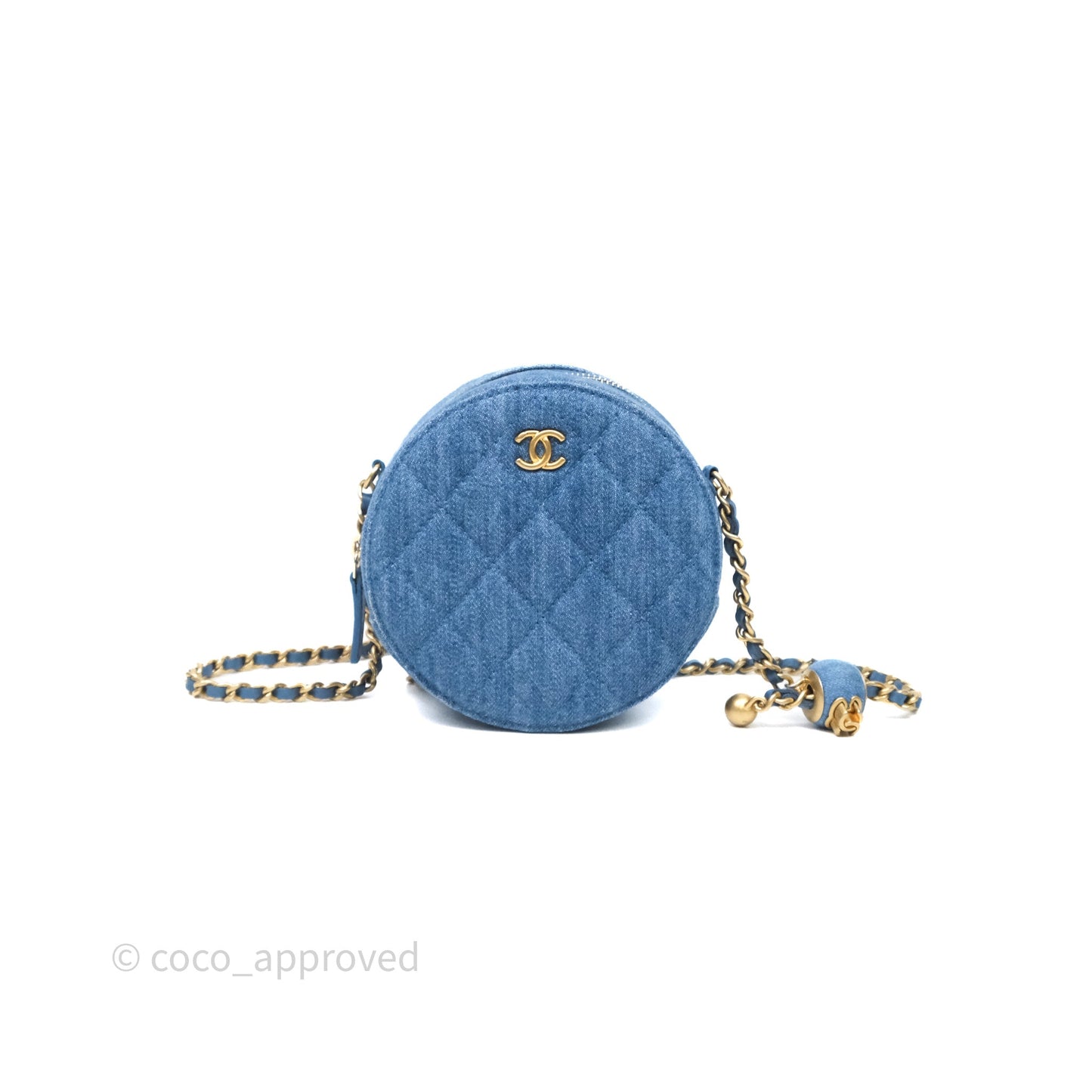 Chanel Quilted Pearl Crush Round Clutch With Chain Denim Aged Gold Hardware