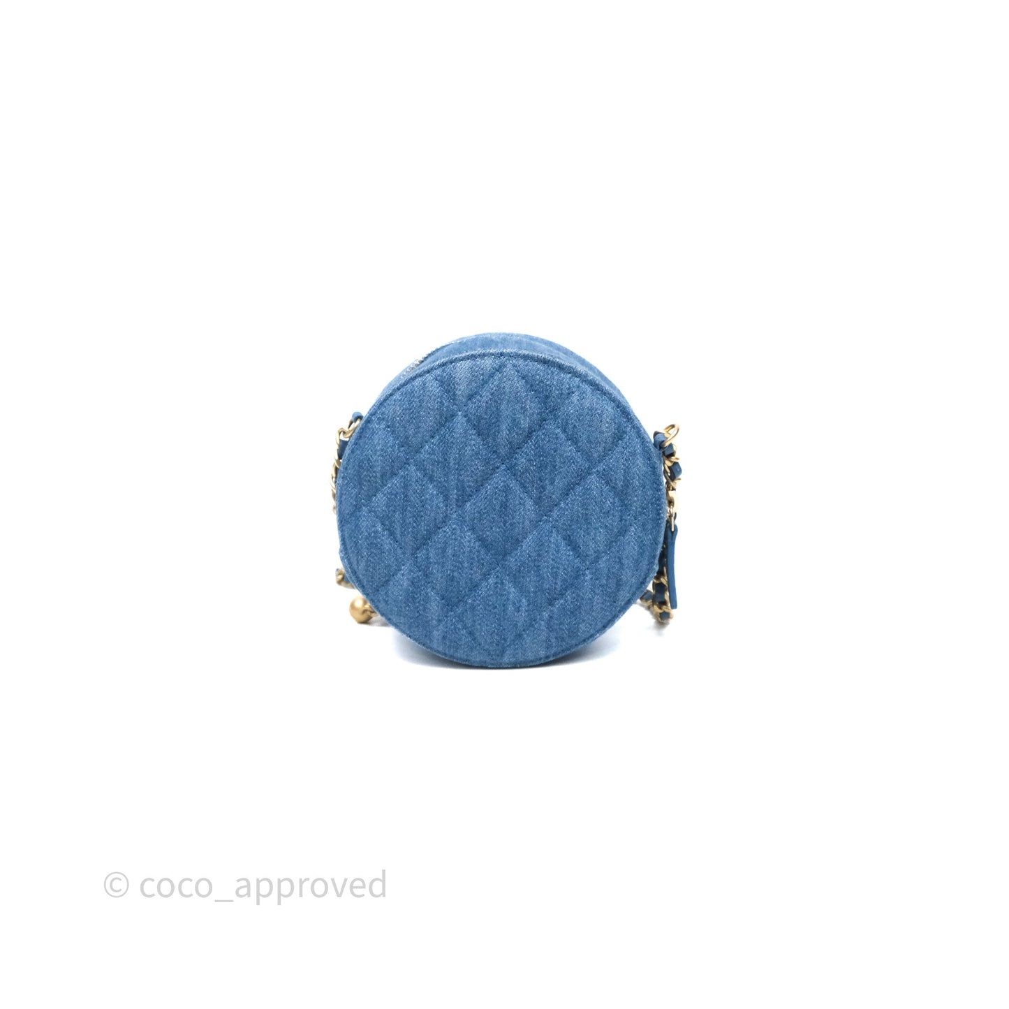 Chanel Quilted Pearl Crush Round Clutch With Chain Denim Aged Gold Hardware