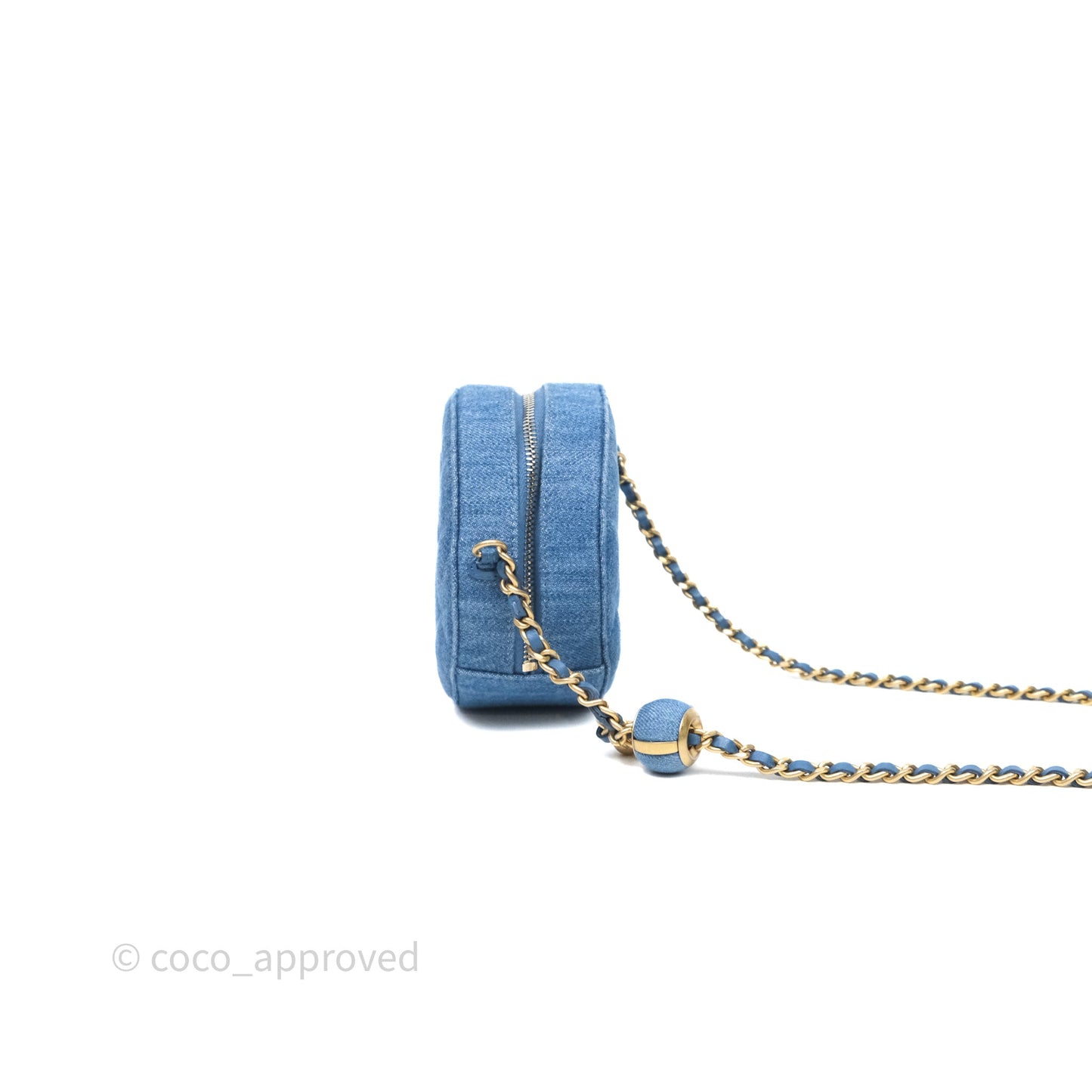 Chanel Quilted Pearl Crush Round Clutch With Chain Denim Aged Gold Hardware