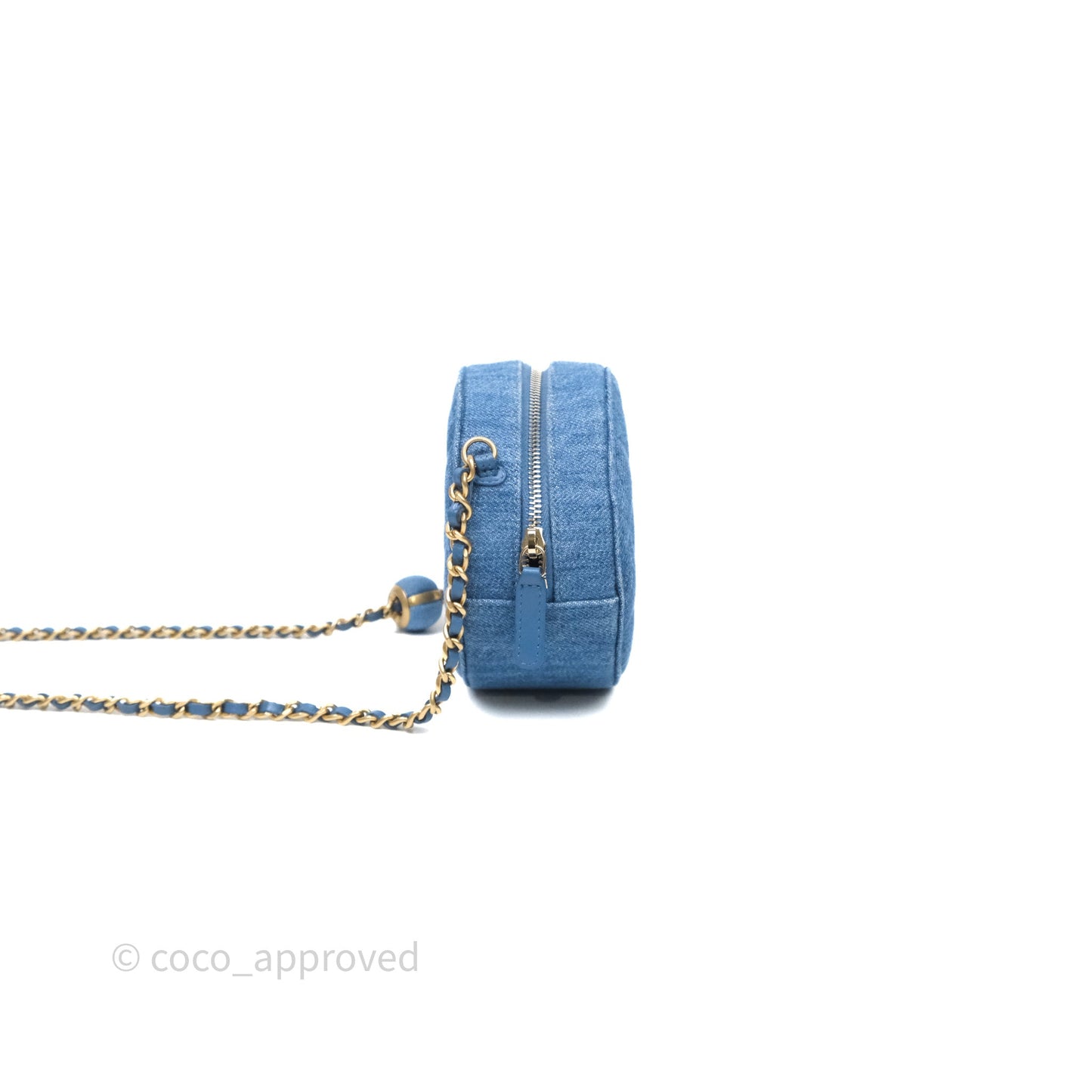 Chanel Quilted Pearl Crush Round Clutch With Chain Denim Aged Gold Hardware
