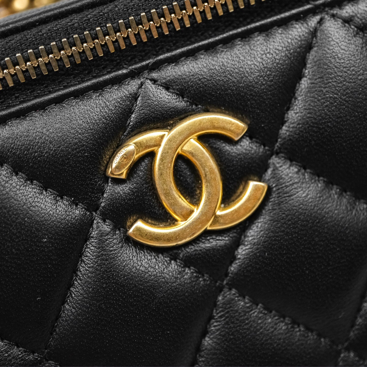Chanel Quilted Vanity Rectangular with Camellia Adjustable Chain Black Lambskin