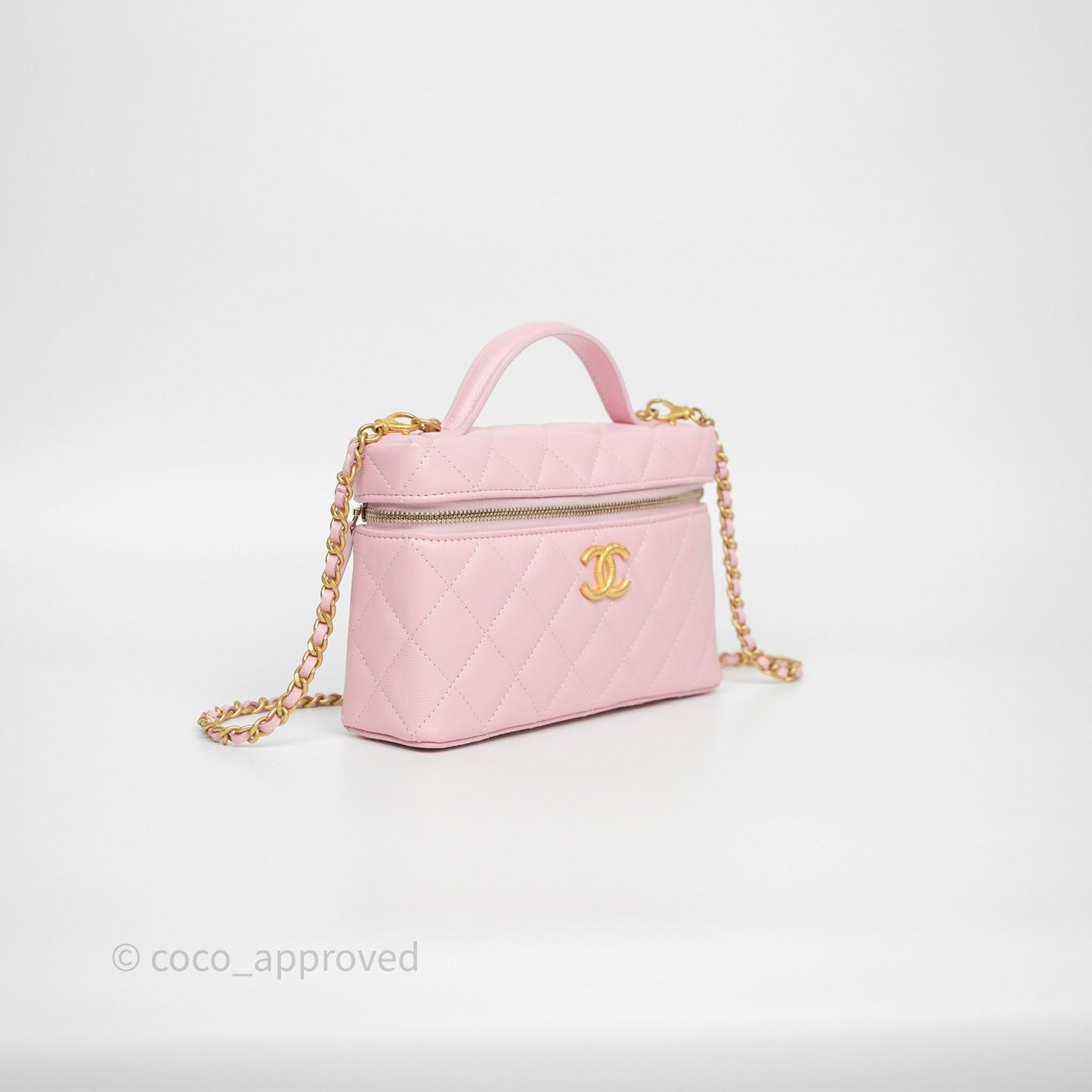 Chanel Top Handle Long Vanity with Chain Pink Caviar Aged Gold Hardware