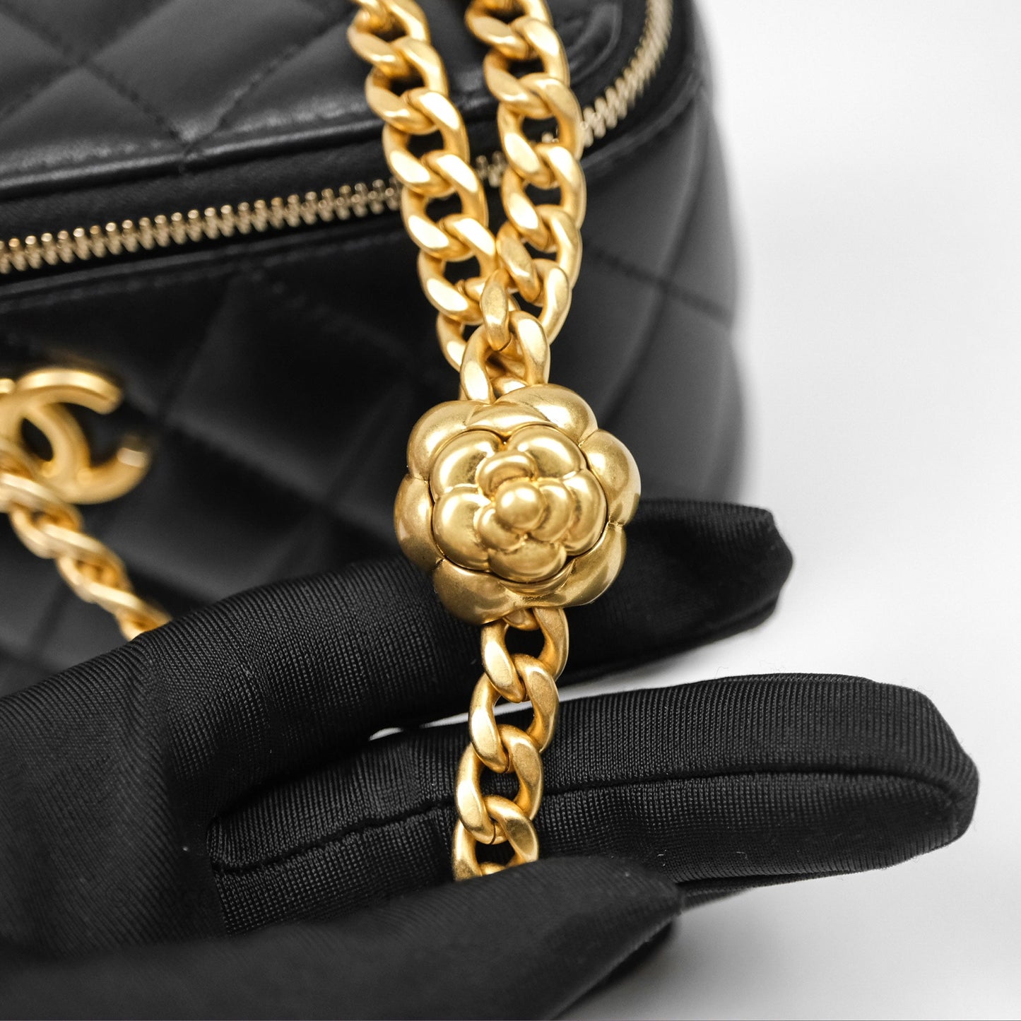 Chanel Quilted Vanity Rectangular with Camellia Adjustable Chain Black Lambskin