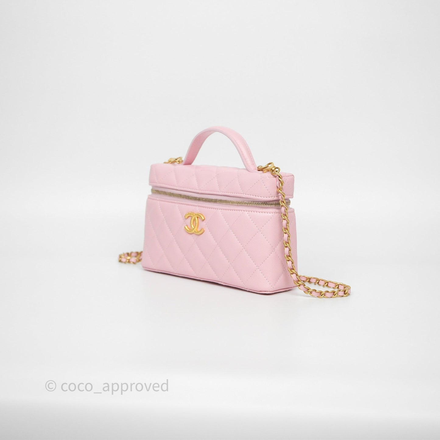 Chanel Top Handle Long Vanity with Chain Pink Caviar Aged Gold Hardware