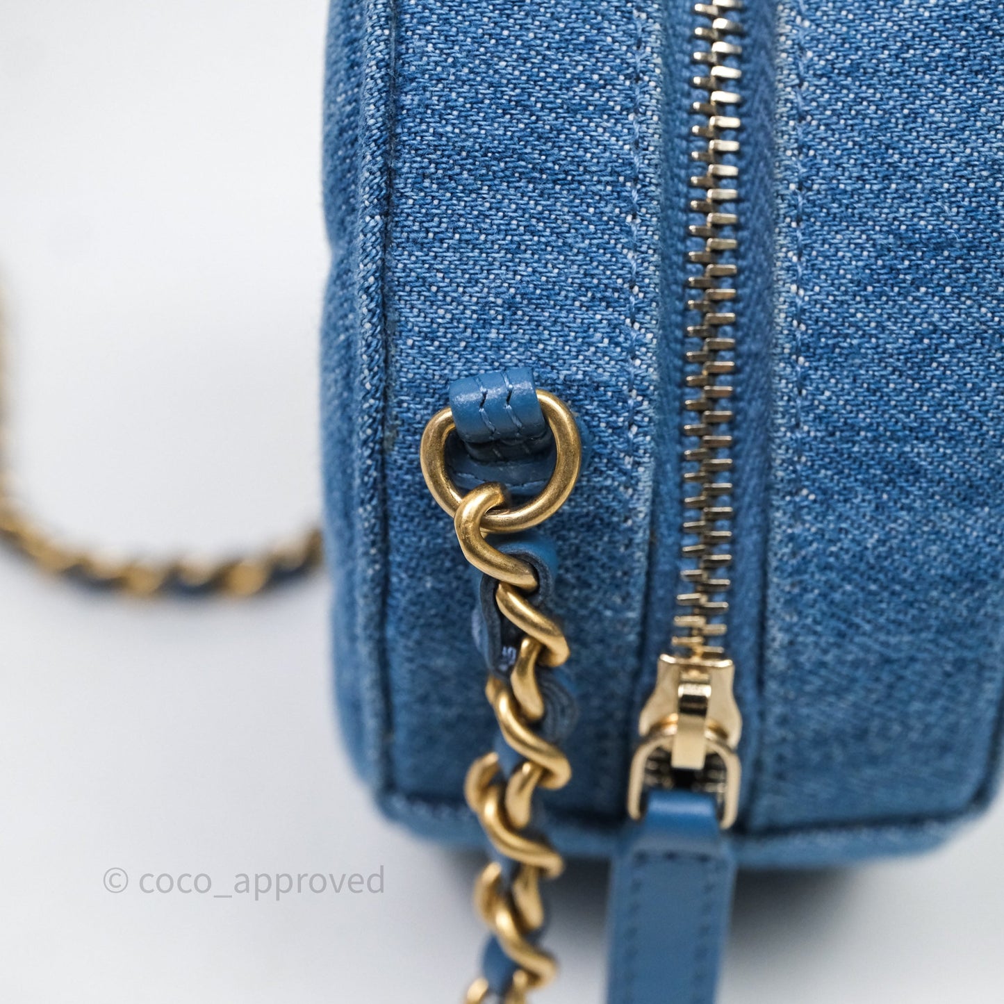 Chanel Quilted Pearl Crush Round Clutch With Chain Denim Aged Gold Hardware