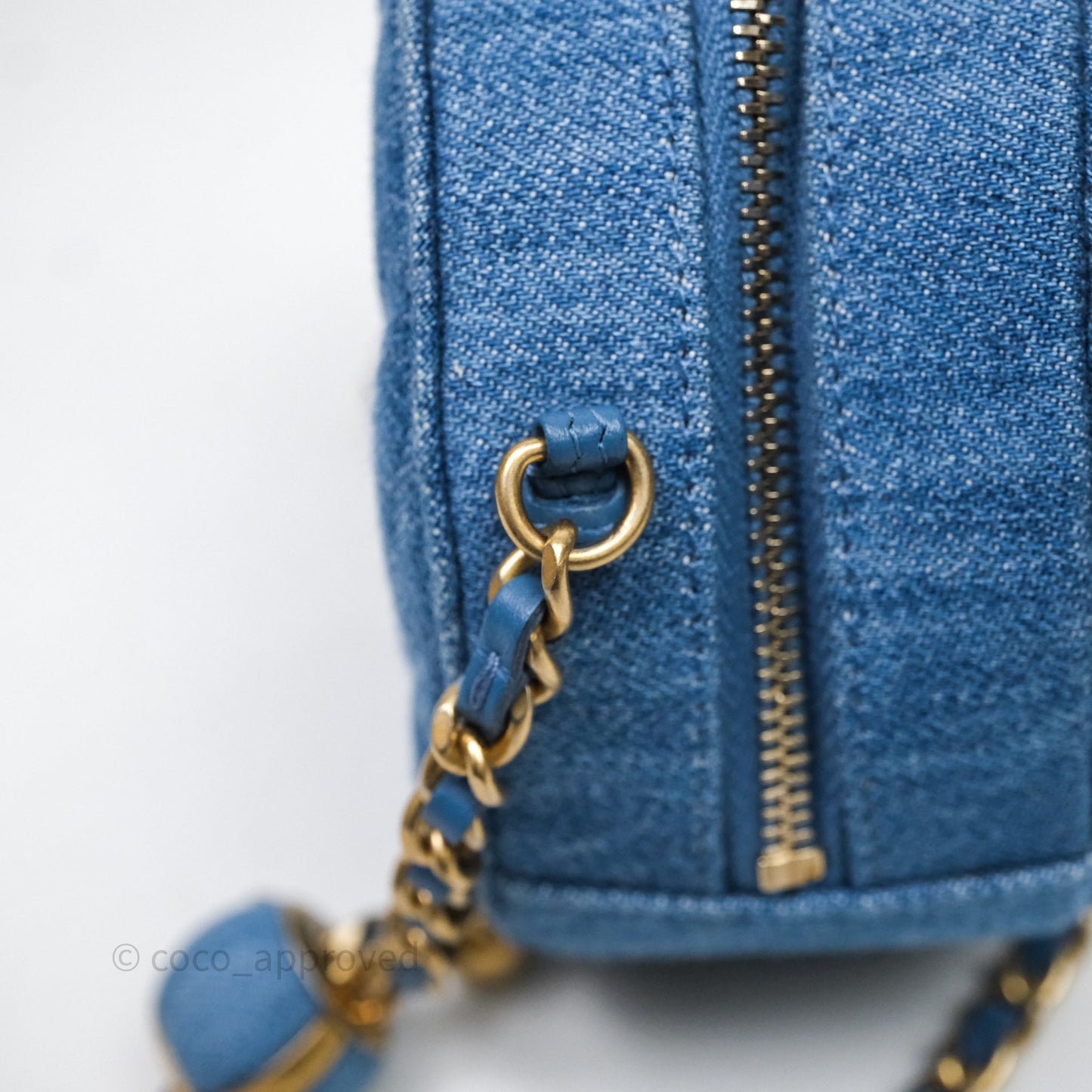 Chanel Quilted Pearl Crush Round Clutch With Chain Denim Aged Gold Hardware
