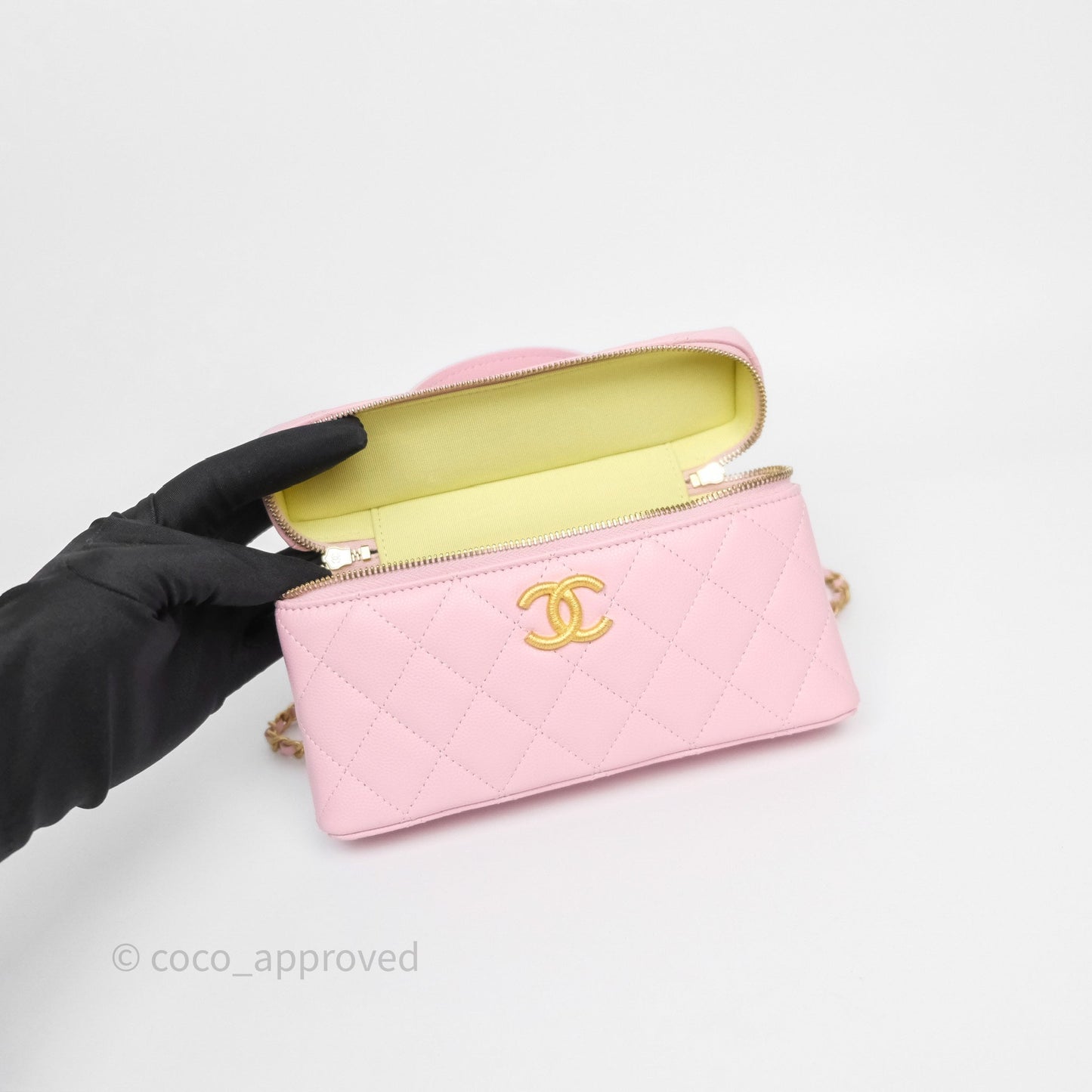 Chanel Top Handle Long Vanity with Chain Pink Caviar Aged Gold Hardware