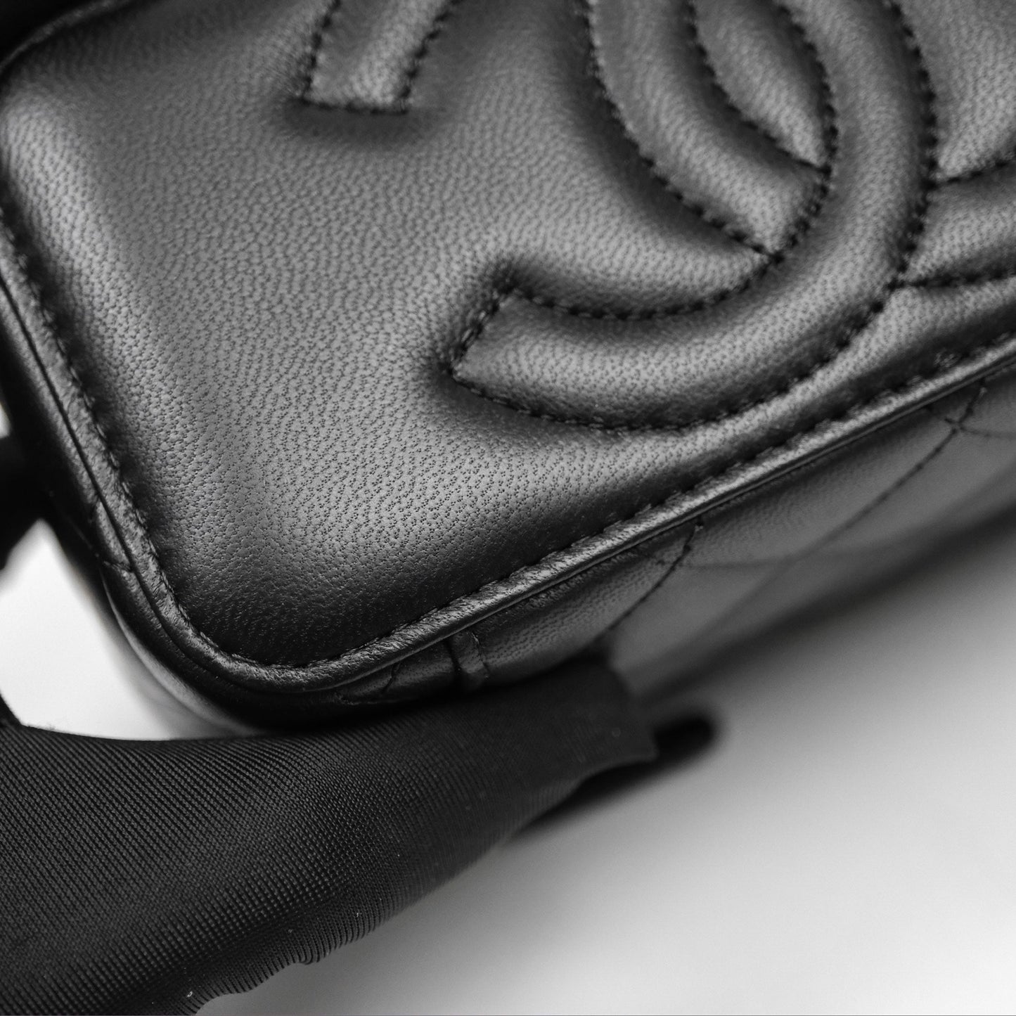 Chanel Quilted Vanity Rectangular with Camellia Adjustable Chain Black Lambskin