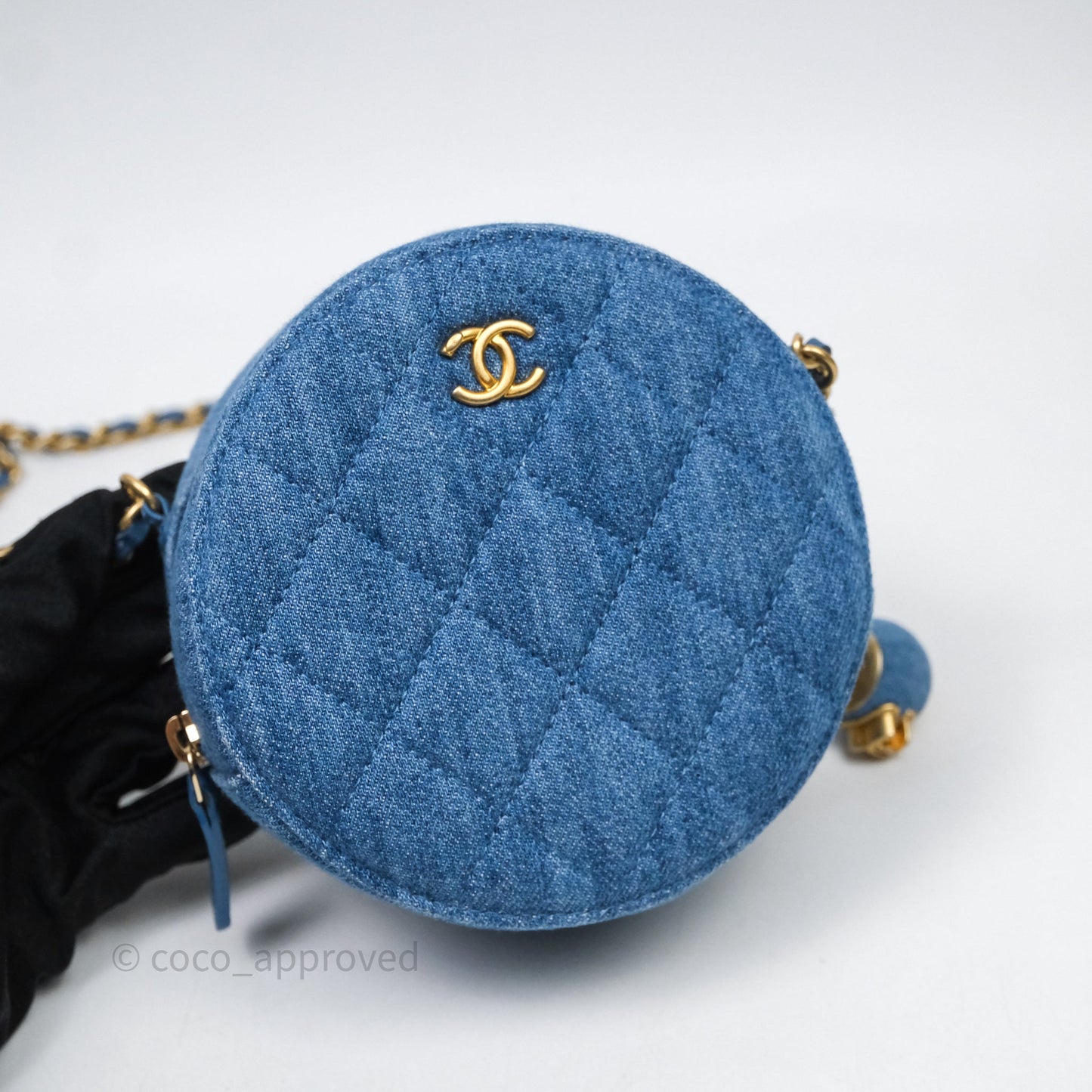 Chanel Quilted Pearl Crush Round Clutch With Chain Denim Aged Gold Hardware