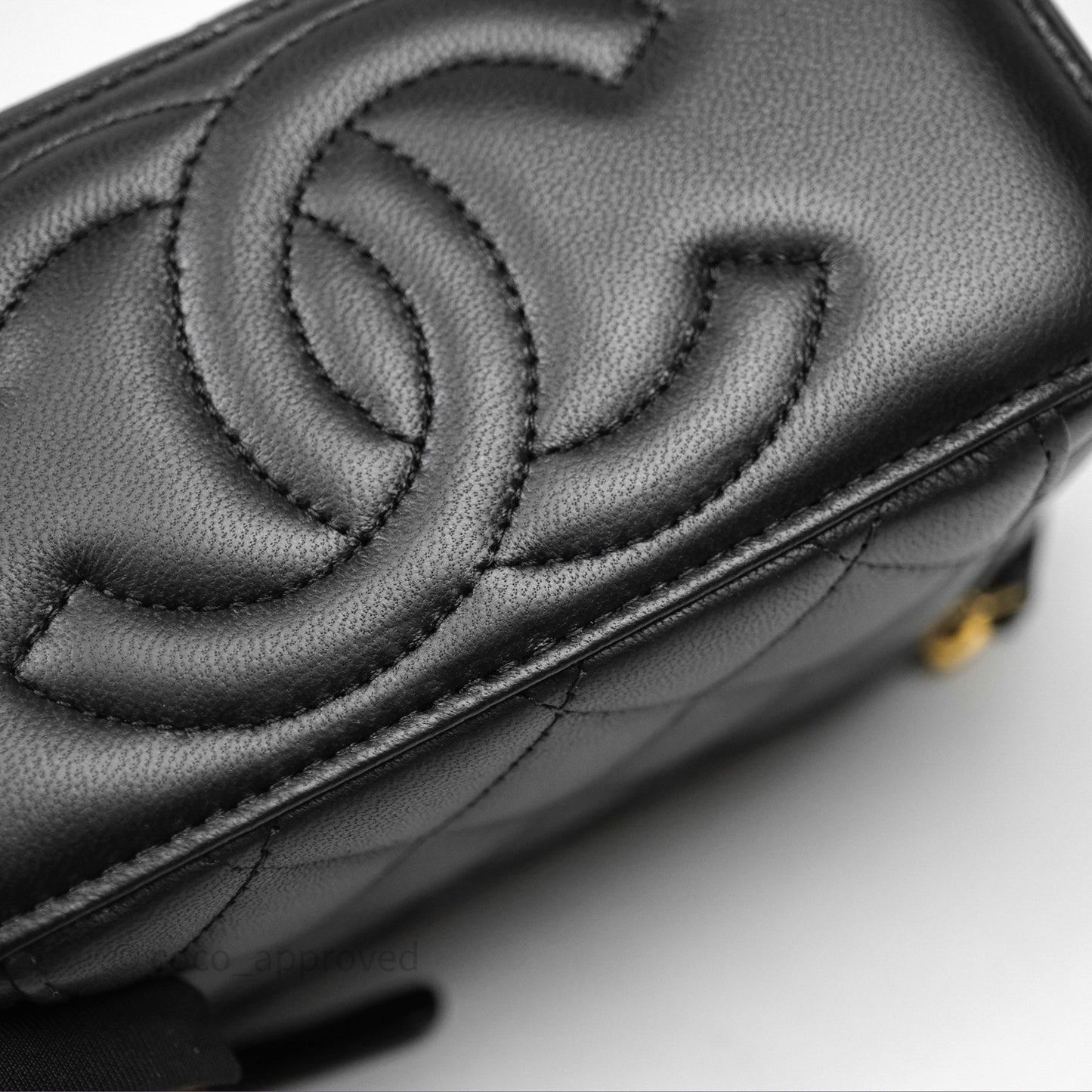 Chanel Quilted Vanity Rectangular with Camellia Adjustable Chain Black Lambskin