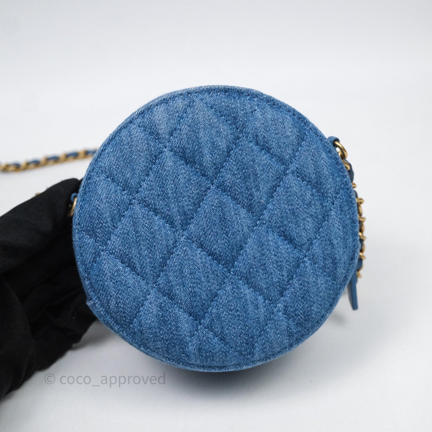 Chanel Quilted Pearl Crush Round Clutch With Chain Denim Aged Gold Hardware