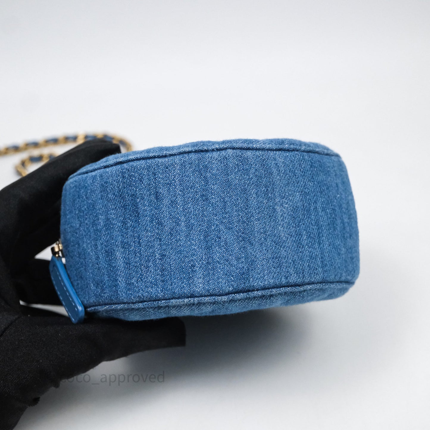 Chanel Quilted Pearl Crush Round Clutch With Chain Denim Aged Gold Hardware