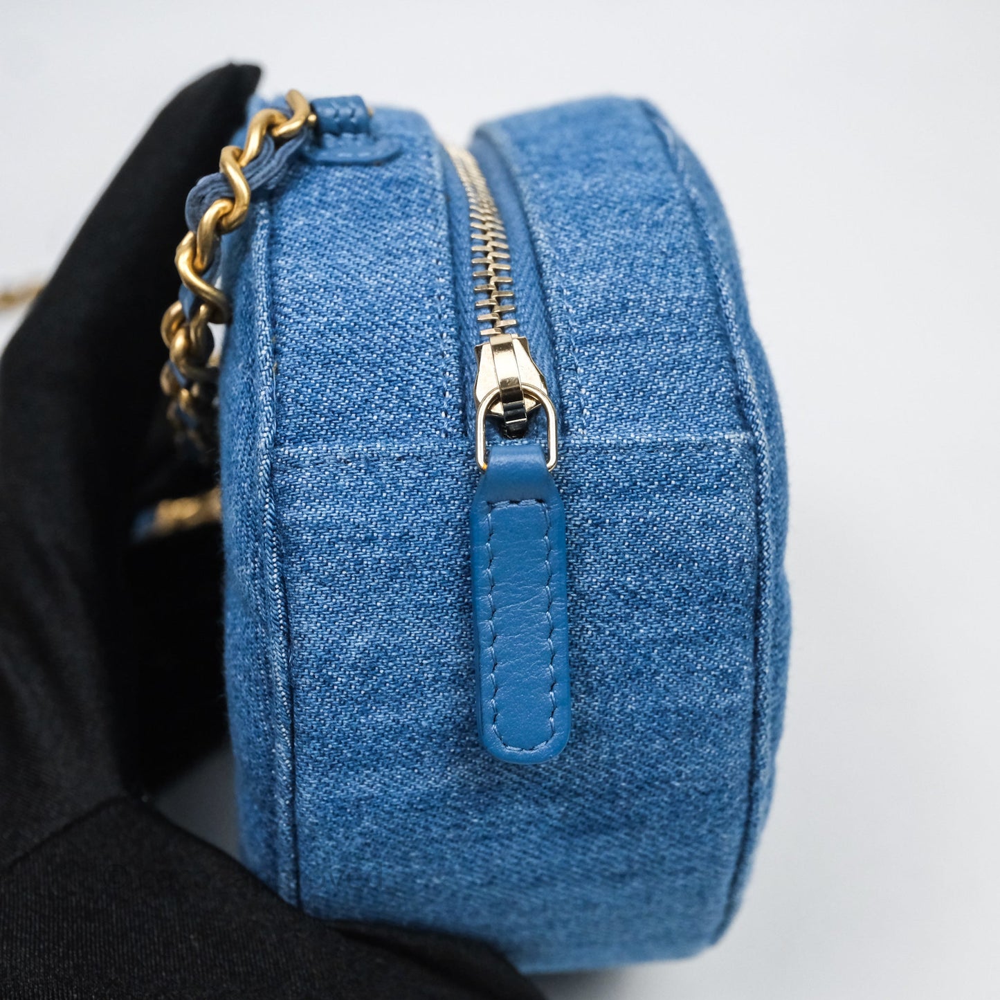 Chanel Quilted Pearl Crush Round Clutch With Chain Denim Aged Gold Hardware