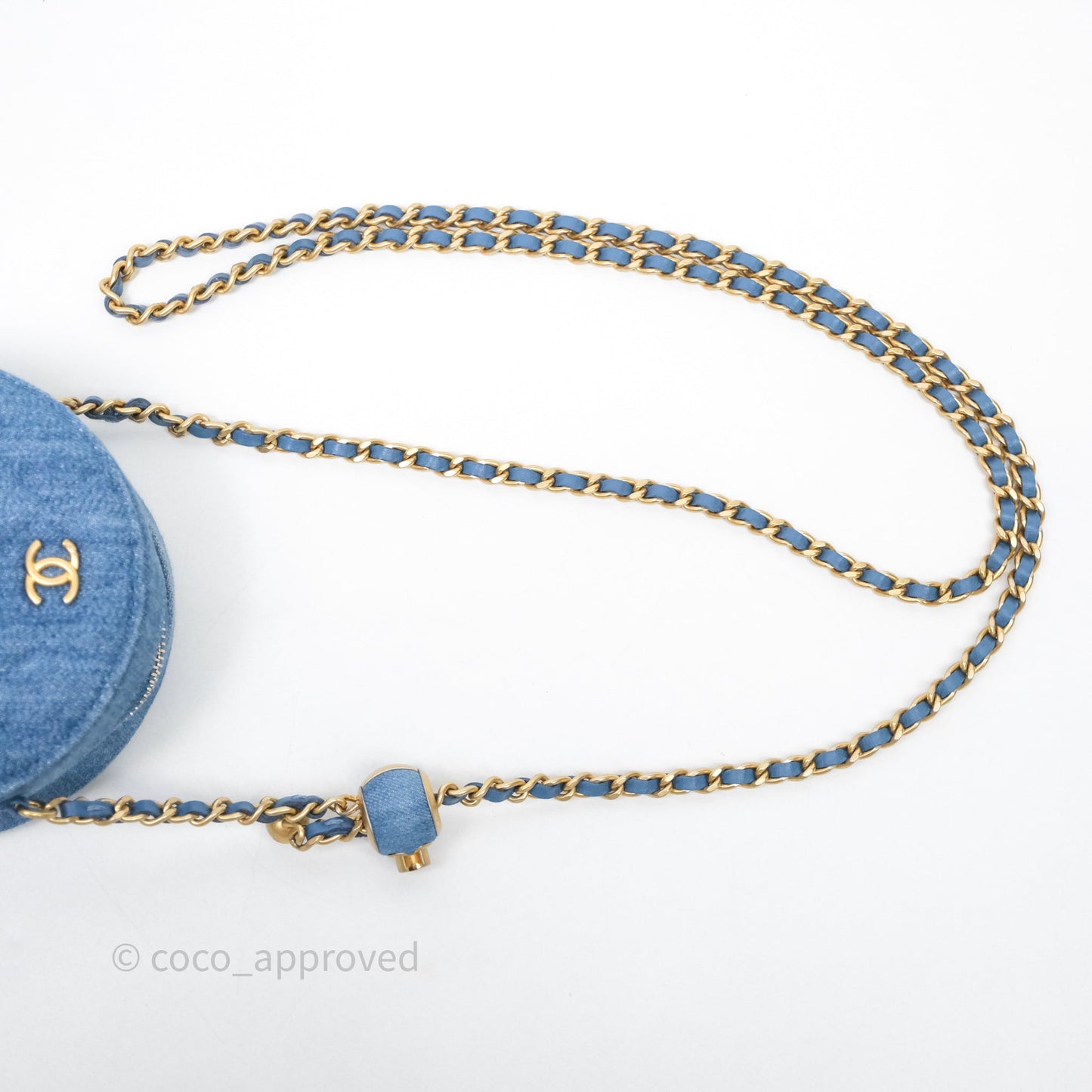 Chanel Quilted Pearl Crush Round Clutch With Chain Denim Aged Gold Hardware