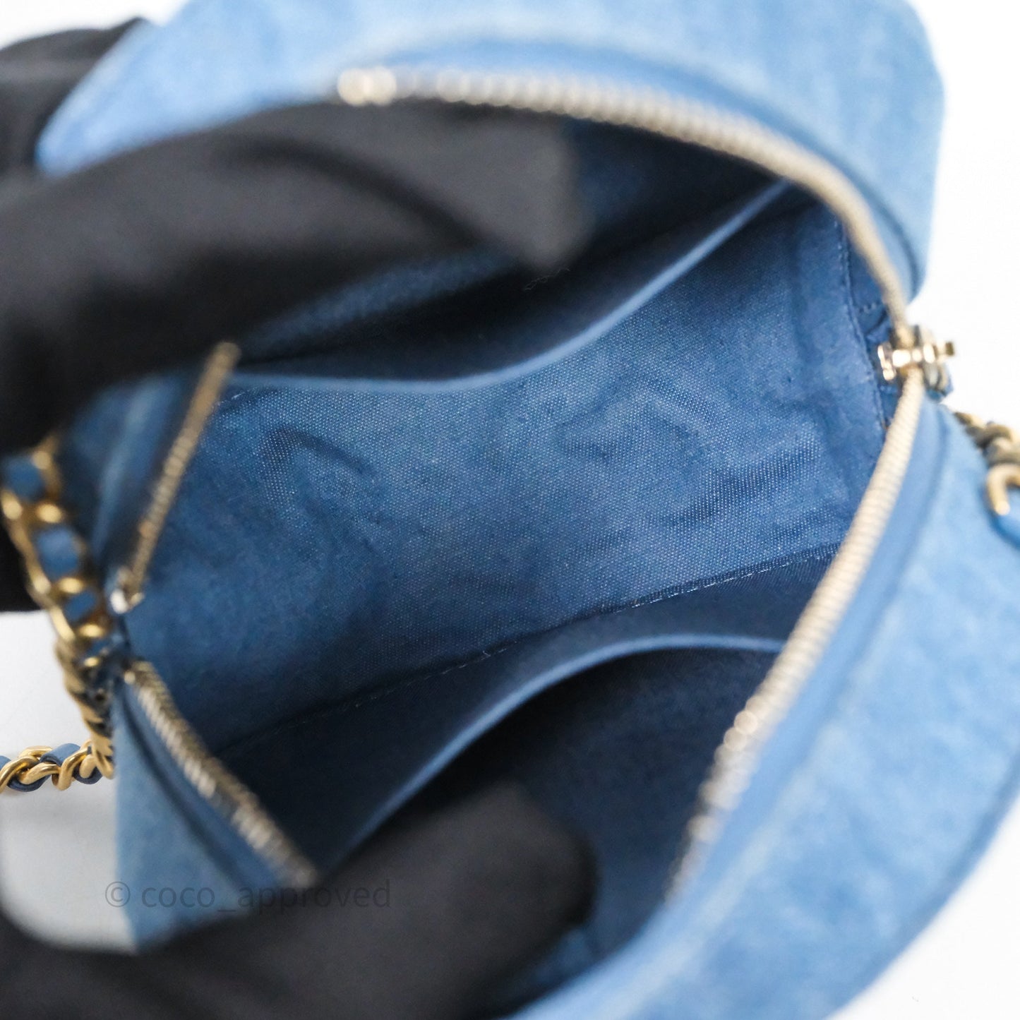 Chanel Quilted Pearl Crush Round Clutch With Chain Denim Aged Gold Hardware