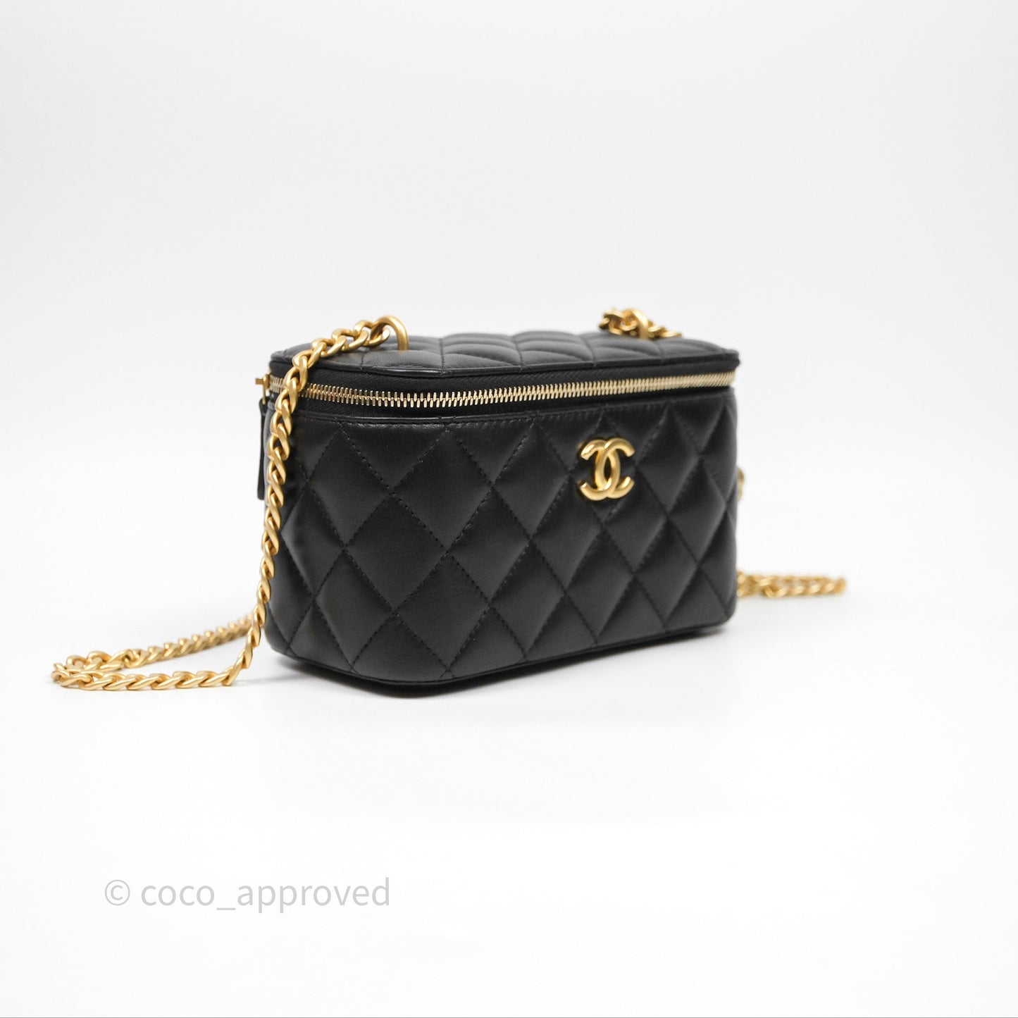 Chanel Quilted Vanity Rectangular with Camellia Adjustable Chain Black Lambskin