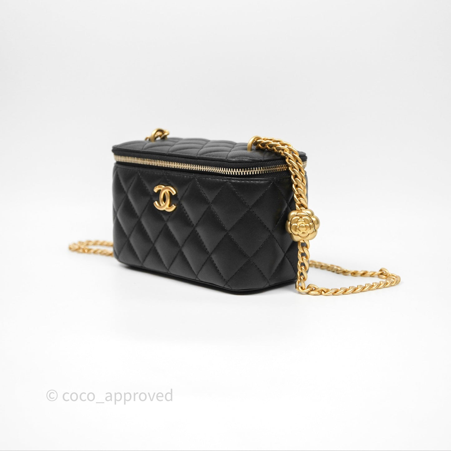 Chanel Quilted Vanity Rectangular with Camellia Adjustable Chain Black Lambskin