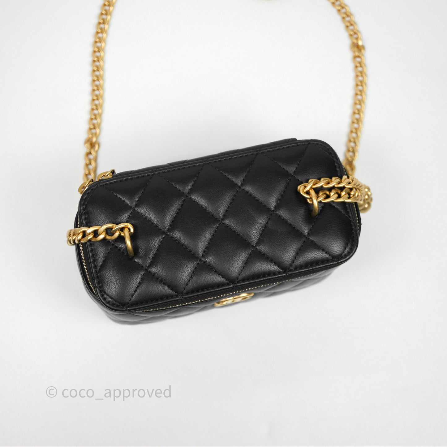 Chanel Quilted Vanity Rectangular with Camellia Adjustable Chain Black Lambskin
