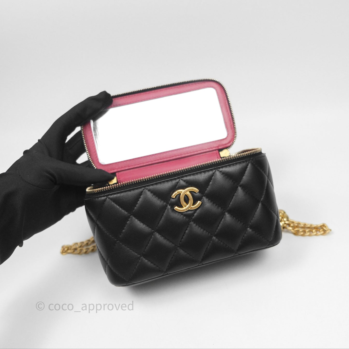 Chanel Quilted Vanity Rectangular with Camellia Adjustable Chain Black Lambskin