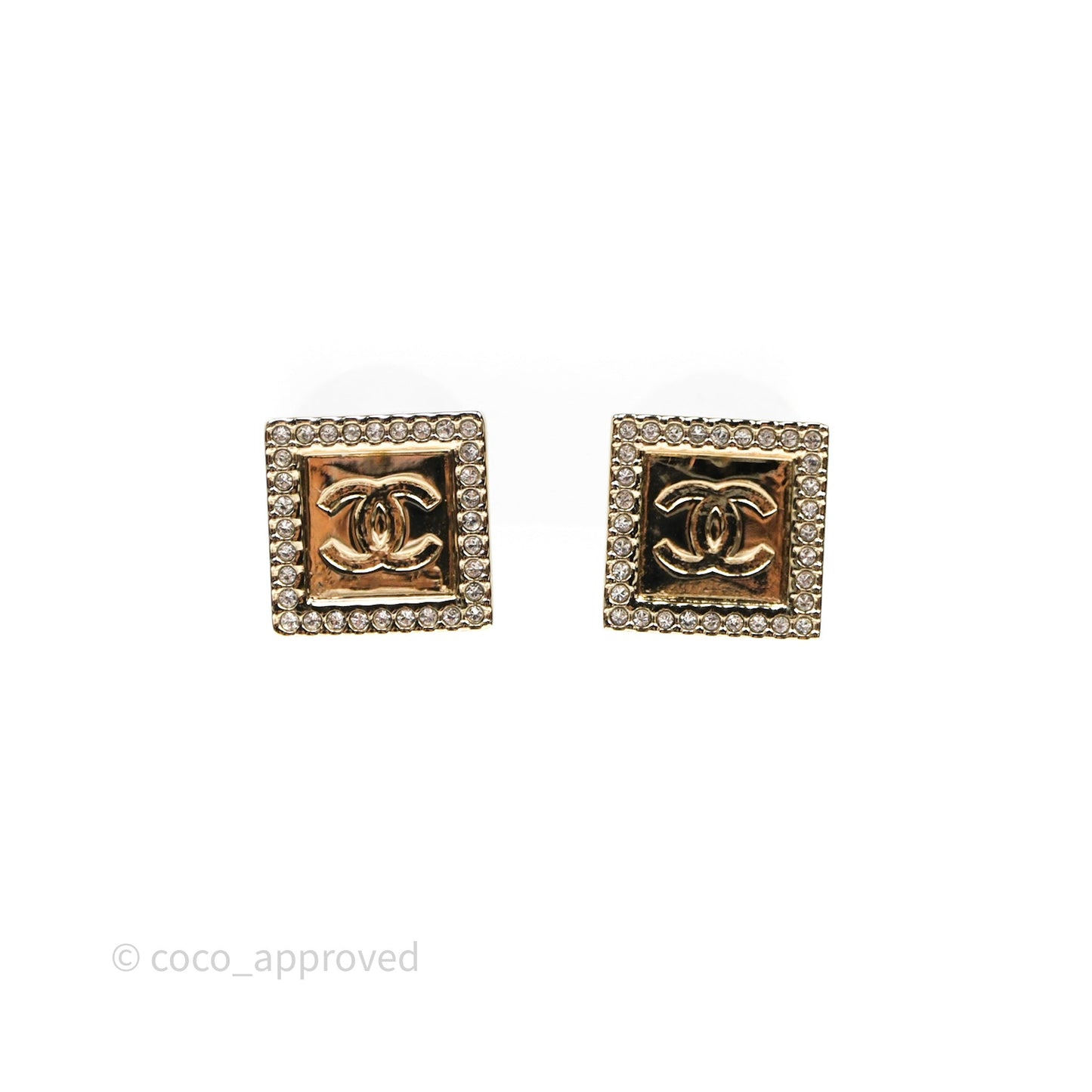 Chanel Square Crystal CC Earrings Gold Tone 25P