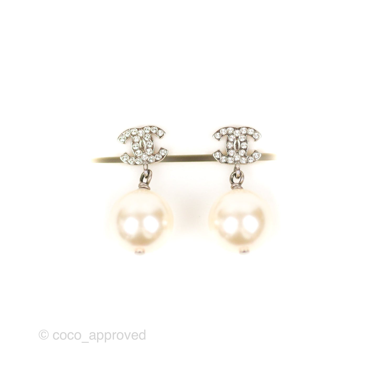 Chanel CC Rhinestone Pearl Drop Earrings Silver Tone 21V