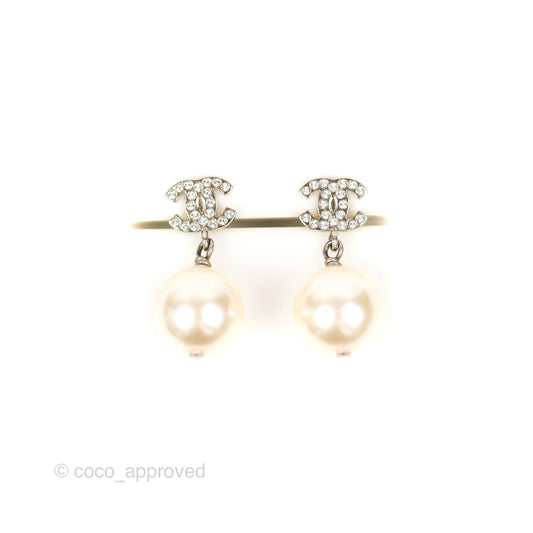 Chanel CC Rhinestone Pearl Drop Earrings Silver Tone 21V