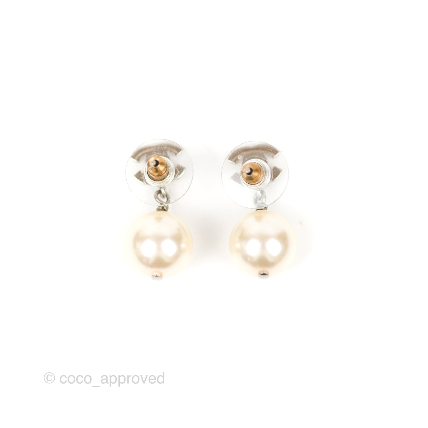 Chanel CC Rhinestone Pearl Drop Earrings Silver Tone 21V