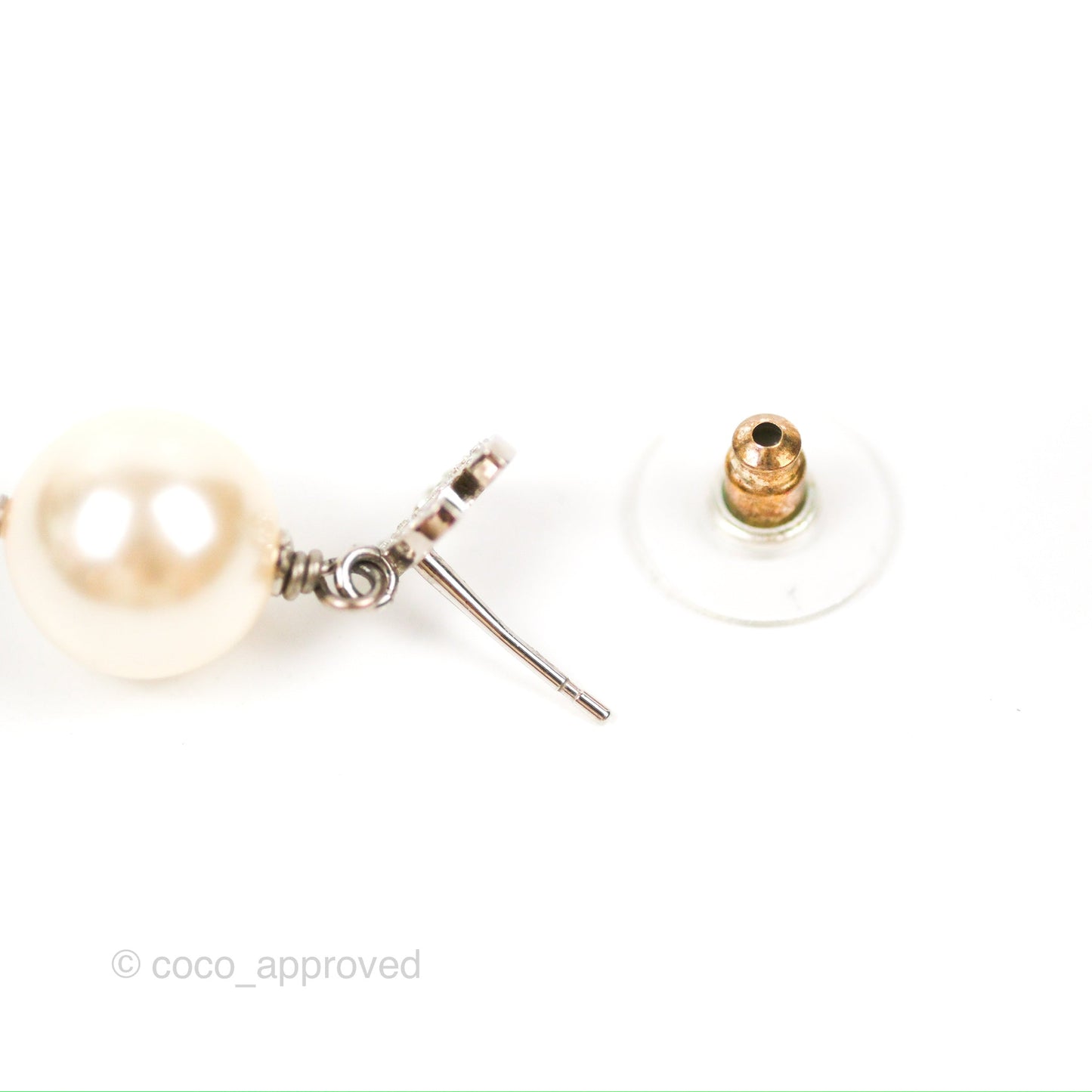 Chanel CC Rhinestone Pearl Drop Earrings Silver Tone 21V