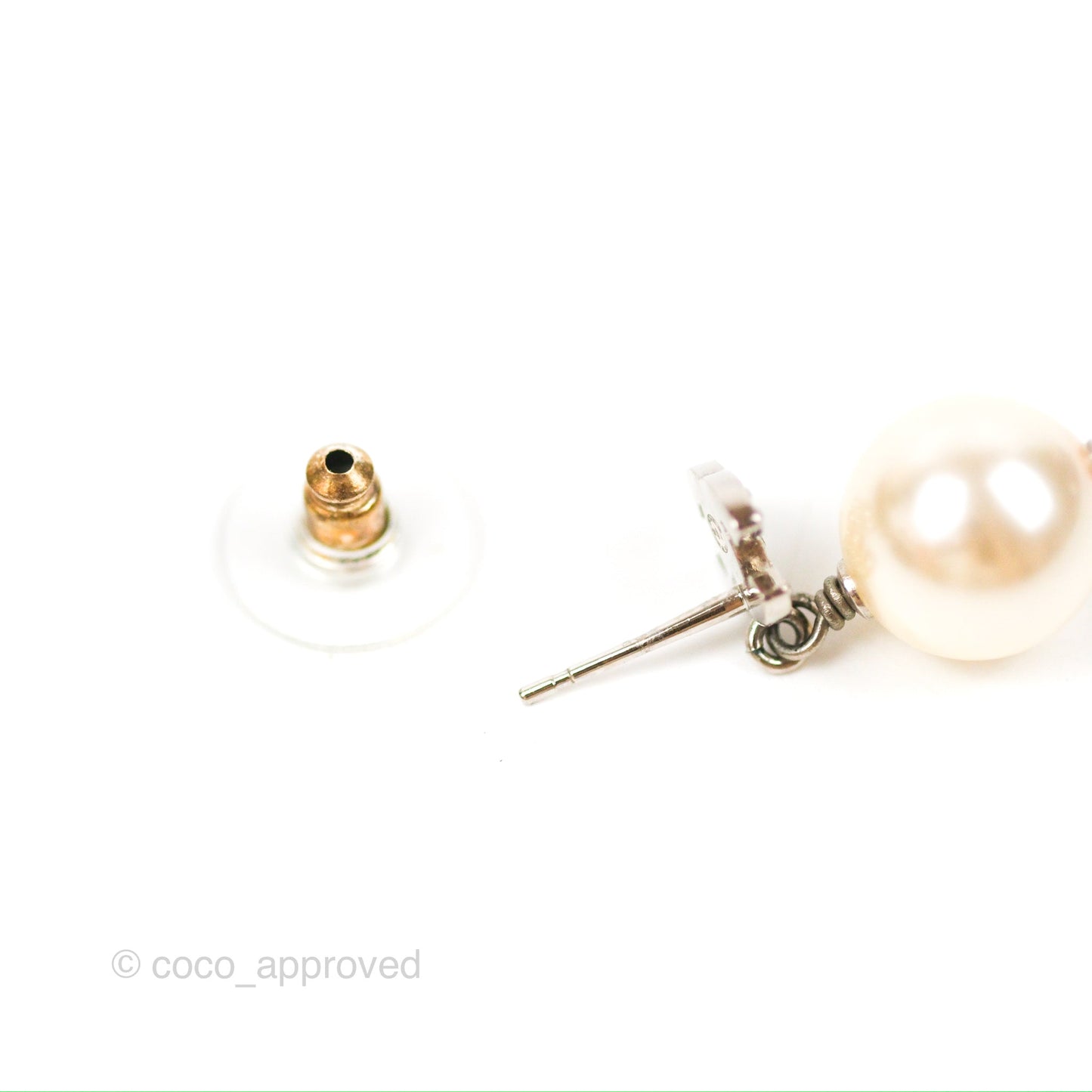 Chanel CC Rhinestone Pearl Drop Earrings Silver Tone 21V