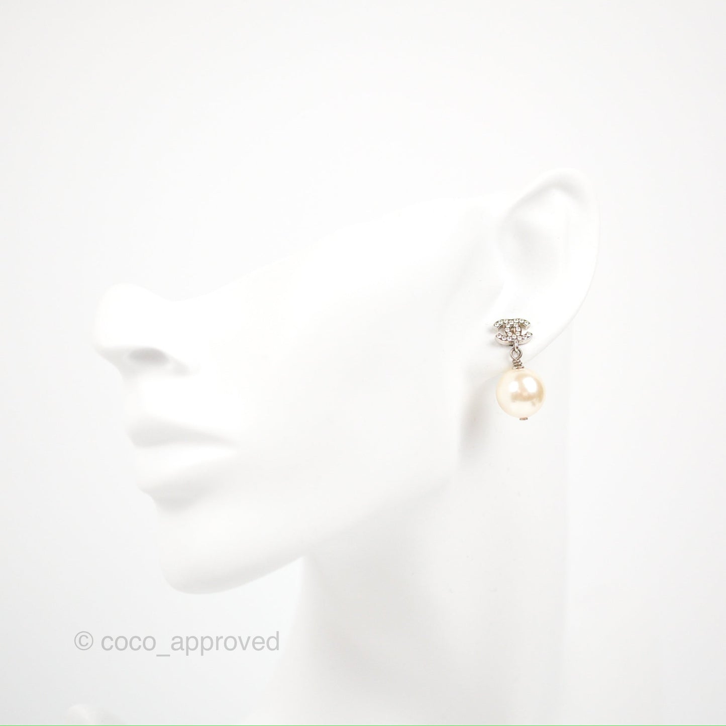 Chanel CC Rhinestone Pearl Drop Earrings Silver Tone 21V